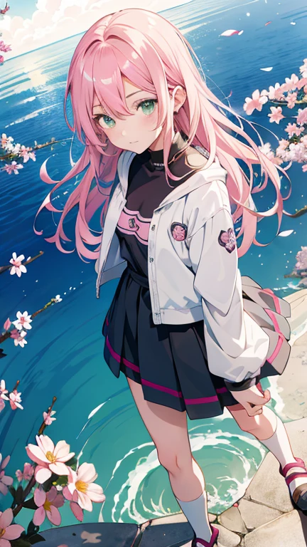 Anime girl with pink hair and green eyes posing for photo, Haruno Sakura, Best Anime 4K Konachan Wallpapers, seductive anime girls, Kitagawa Marin fan art, Sakura petals surround her, splash ink art anime loli, anime style 4k, Anime cute art style, High quality anime art style, Detailed anime artwork, anime wallpaper, anime best girls