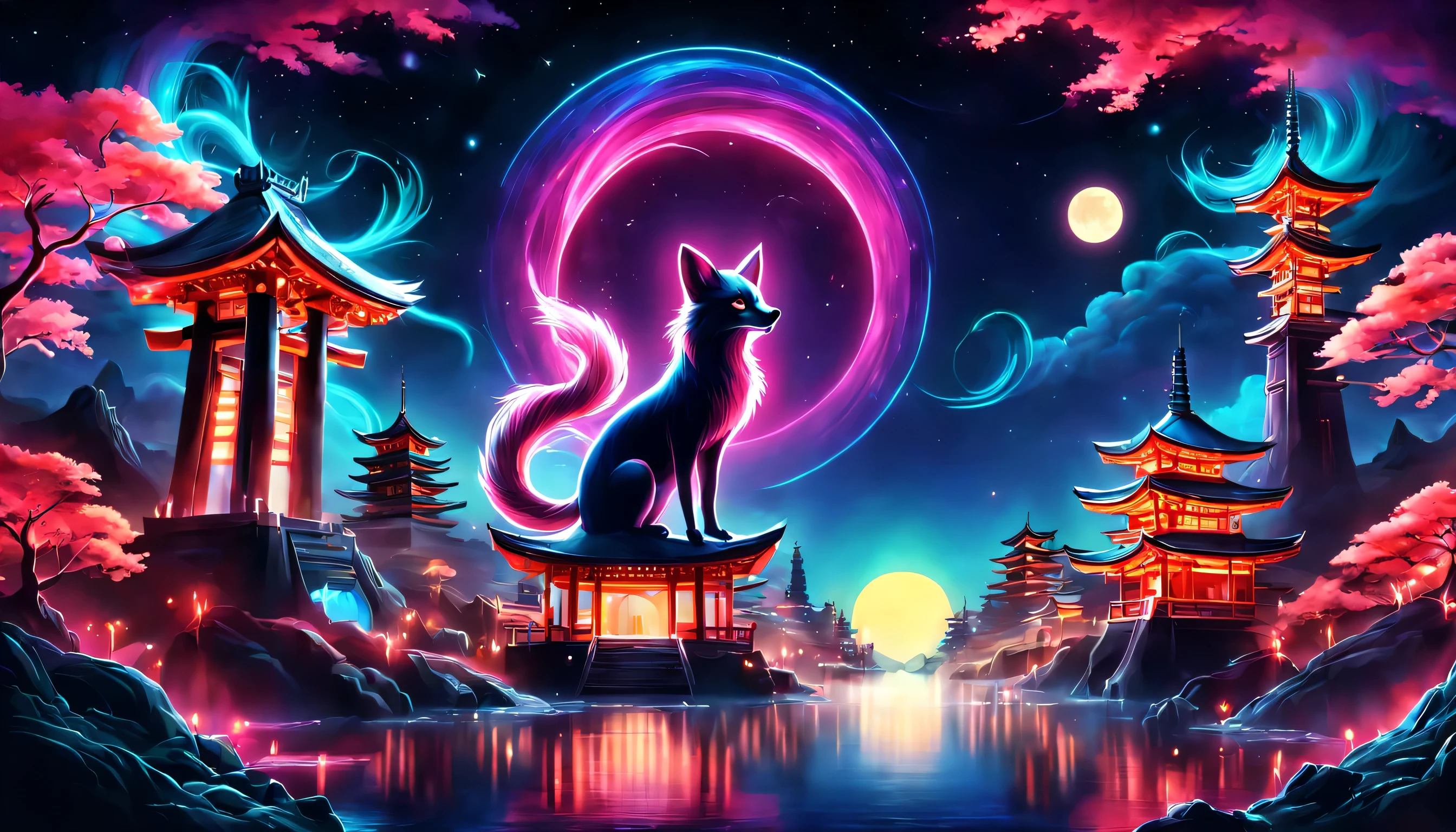 The aesthetics of Vaporwave,Landscape painting,Shrine painted in neon colors,Kyoto,Fushimi Inari,torii,two dancing demon foxes:Nine-Tailed Fox:silhouette,moon,star,cloud,aurora,beautiful,rich colors,flash,と明るいflash,Cast colorful spells,Draw in neon colors on a dark background,Fusion of good old Japanese scenery and modern art,Pop Illustration,poster,perfect composition,Design that expresses Japan,zentangle,magic elements,wonderful,masterpiece,4K,works of art,Bright colors,black,pink,Light blue,purple,Mysterious,be familiar with