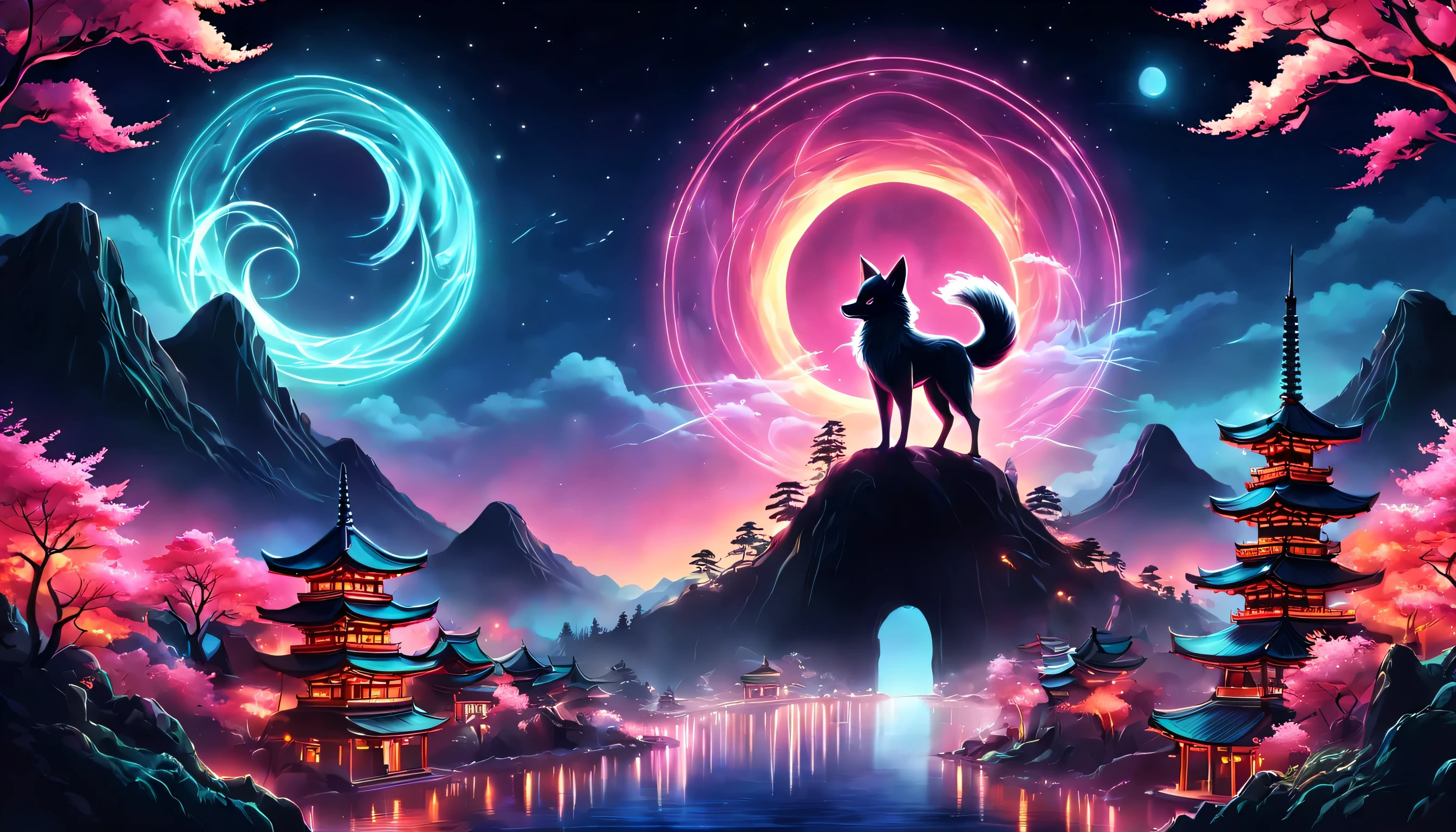 The aesthetics of Vaporwave,Landscape painting,Shrine painted in neon colors,Kyoto,Fushimi Inari,torii,two dancing demon foxes:silhouette,moon,star,cloud,aurora,beautiful,rich colors,flash,と明るいflash,Cast colorful spells,Draw in neon colors on a dark background,Fusion of good old Japanese scenery and modern art,Pop Illustration,poster,perfect composition,Design that expresses Japan,zentangle,magic elements,wonderful,masterpiece,4K,works of art,Bright colors,black,pink,Light blue,purple