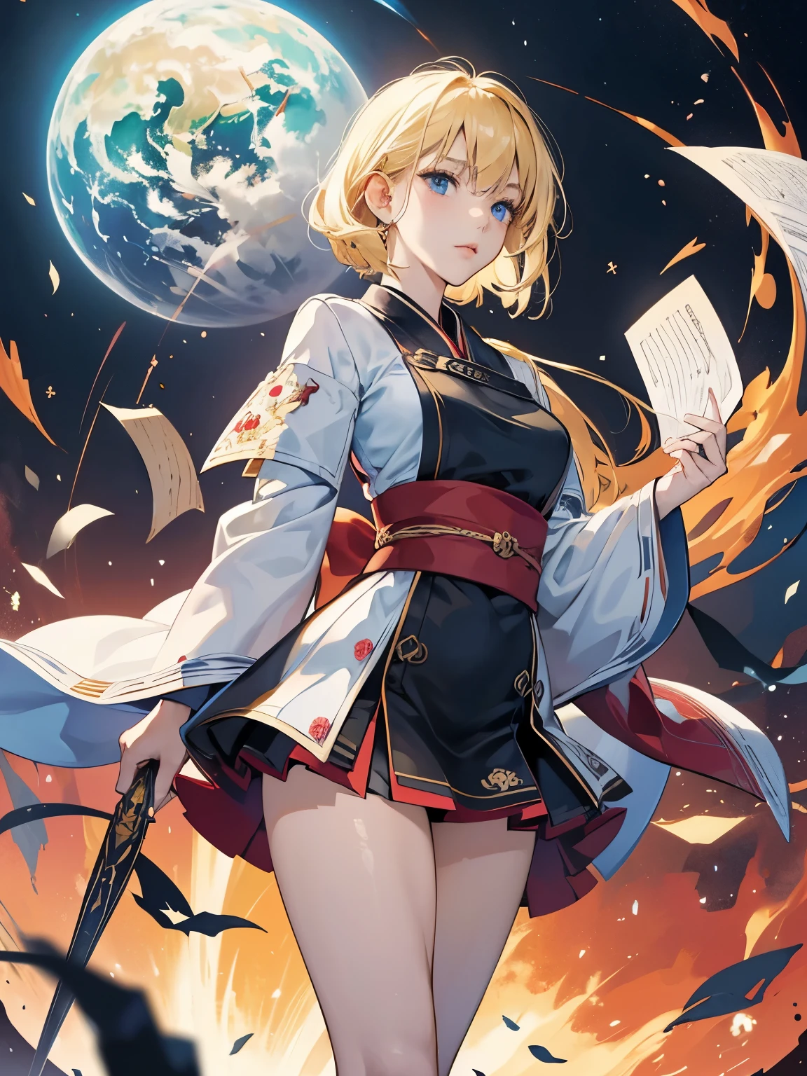 Hendrik Jan Wolter, Shinya Komatsu, Mysterious, strange, surreal, bizarre, fantasy, Sci-fi, Japanese anime, music festival on paper, overflowing rhythm, tuning of the world, beautiful blonde miniskirt girl Alice, perfect voluminous body, detailed masterpiece