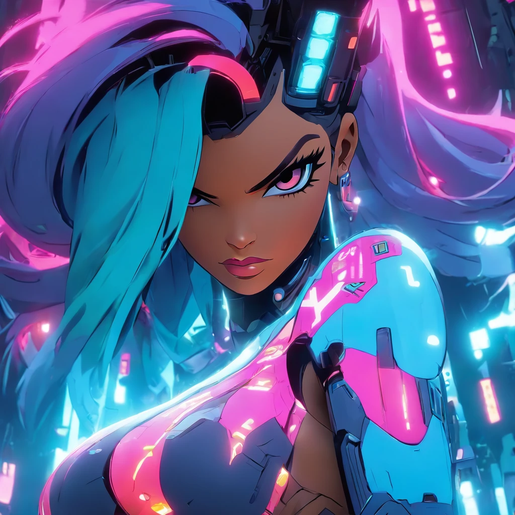 ((Best quality)), ((masterpiece)), (highly detailed:1.3), 3D,rfktr_technotrex, beautiful cyberpunk Rihanna with voluminous curves ,(wearing head-mounted display that is chunky and hi-tech:1.2),hacking a computer terminal, computer servers, LCD screens, fiber optic cables, corporate logos (High Dynamic Range),Ray Tracing, NVIDIA RTX, Super-Resolution,Unreal 5,Subsurface scattering Texturing, Post-processing, Anisotropic Filtering,Depth-of-field,Maximum clarity and sharpness,Multi-layered textures, Albedo and Specular maps, Surface shading, Accurate simulation of light-material interaction, Perfect proportions, Octane Render,Two-tone lighting, Low ISO, White balance, Rule of Thirds, Wide aperature,8K RAW, Efficient Sub-Pixel,sub-pixel convolution, luminescent particles, light scattering, Tyndall effect