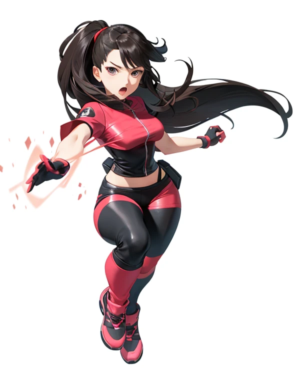 full body, reddish-pink and black leather outfit, sigma female, pokemon trainer, dynamic energetic pose, long black hair, black gloves, floating in midair, throneroom