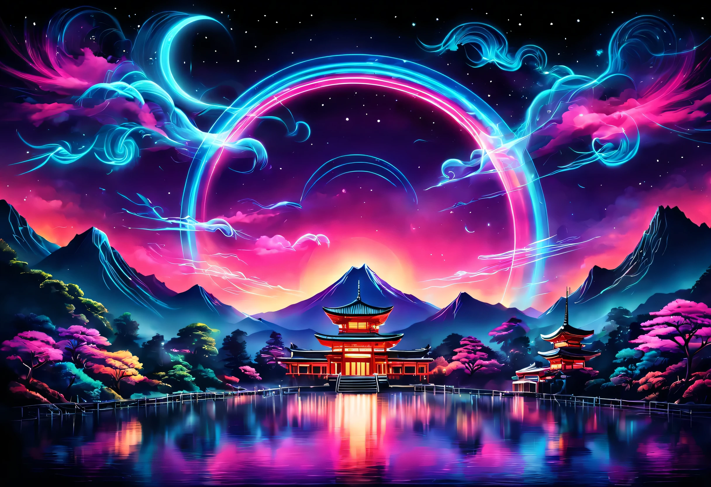 The aesthetics of Vaporwave,Landscape painting,Shrine painted in neon colors,Kyoto,Fushimi Inari,torii,two dancing demon foxes:silhouette,moon,star,cloud,aurora,beautiful,rich colors,flash,と明るいflash,Cast colorful spells,Draw in neon colors on a dark background,Fusion of good old Japanese scenery and modern art,Pop Illustration,poster,perfect composition,Design that expresses Japan,zentangle,magic elements,wonderful,masterpiece,4K,works of art,Bright colors,black,pink,Light blue,purple