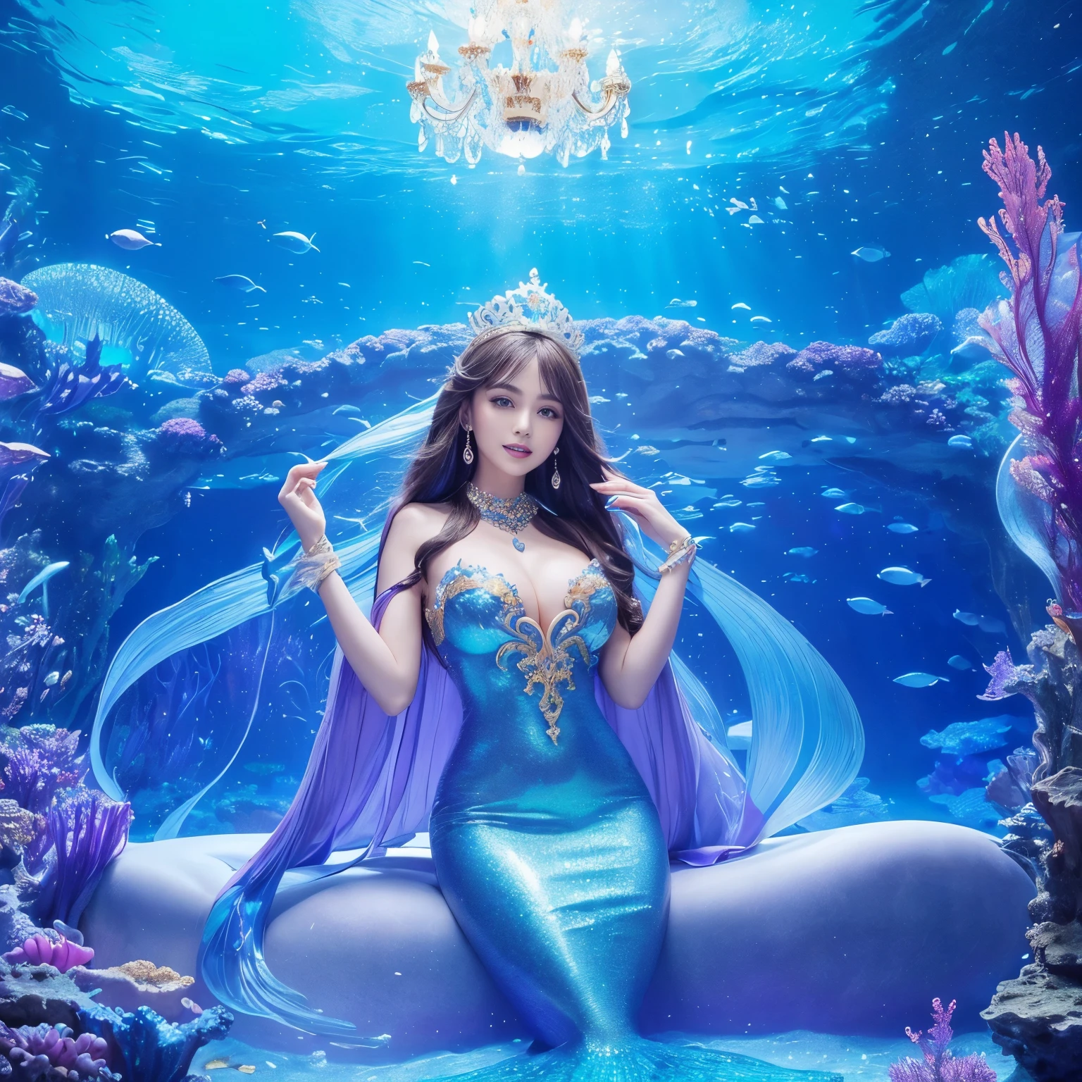 (highest quality、table top、8K、best image quality、hyper realism)、(The most extravagant and extravagant mermaid goddess:1.2)、(The most extravagant and gorgeous mermaid princess:1.2)、(The most realistic and perfect mermaid tail and scales:1.2)、(The most realistic and perfect mermaid tail:1.3)、(The most luxurious and finest transparent sleeve:1.1)、(upper body photo:1.2)、(The wall of the room is a huge high quality aquarium:1.2)、(A huge, highly detailed aquarium of the highest quality:1.3)、(Surrounded by a huge aquarium of the highest quality:1.2)、(The highest quality aquarium with the most fantastic dome-shaped ceiling:1.2)、(Detailed depiction of the most beautiful gigantic aquarium that shines fantastically:1.2)、(Surrounded by the most luxurious and fantastical huge blue and purple aquarium:1.2)、(Huge aquarium with the most detailed depiction of marine life:1.2)、(Sparkling blue and purple、Luxurious princess room with the most magical domed ceiling:1.2), (Glowing room made of the most magical blue and purple sparkling crystals:1.3)、(There are many beautiful corals and shells in the room.)、(the best smile when you look at me:1.2)、Wavy brown hair、Complex, Finely shining scales、(Finest Huge Jewelry Decoration:1.1)、The most gorgeous luxury princess costume、the most luxurious decoration、全身にComplex宝石が施されている、Please describe her face in detail、Giant tiara、Clear and detailed background、(Everything is a fantastic and glittering background:1.1)、(accurate anatomy:1.1)、(The most luxurious and huge finest jewelry decoration:1.1)、(Princess room with the most fantastic and luxurious giant aquarium:1.3)