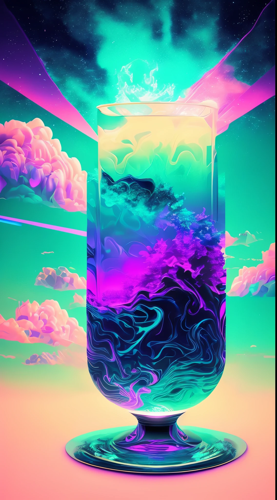 HD wallpapers：Simple，originality，fluids，Gradient，vaporwave，Laser colorful light waves，Metal refraction，许多的fluids气泡、炫彩Gradient几何艺术等元素，The collision of future elements and retro elements、recombination。Exaggerated artistic expression，concept art, Vaporwave Aesthetic/vaporwave美学/vaporwave aesthetic