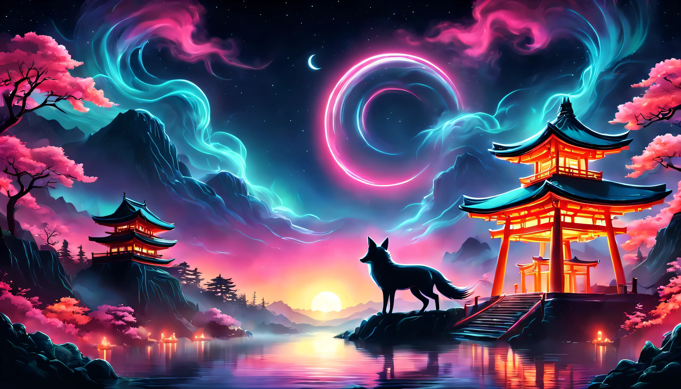 The aesthetics of Vaporwave,Landscape painting,Shrine painted in neon colors,Kyoto,Fushimi Inari,torii,two dancing demon foxes:Nine-Tailed Fox:silhouette,moon,star,cloud,aurora,beautiful,rich colors,flash,と明るいflash,Cast colorful spells,Draw in neon colors on a dark background,Fusion of good old Japanese scenery and modern art,Pop Illustration,poster,perfect composition,Design that expresses Japan,zentangle,magic elements,wonderful,masterpiece,4K,works of art,Bright colors,black,pink,Light blue,purple,Mysterious,be familiar with