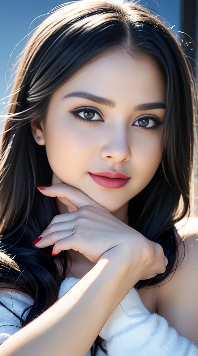 1girl, solo, long hair, looking at viewer, smile, blue eyes, hair ornament, white background, jewelry, white hair, closed mouth, blunt bangs, nail polish, bracelet, lips, grey eyes, portrait, red nails, close-up, red lips, hands on own face, hands on own cheeks,(mature female),(shiny skin),((steaming body))
