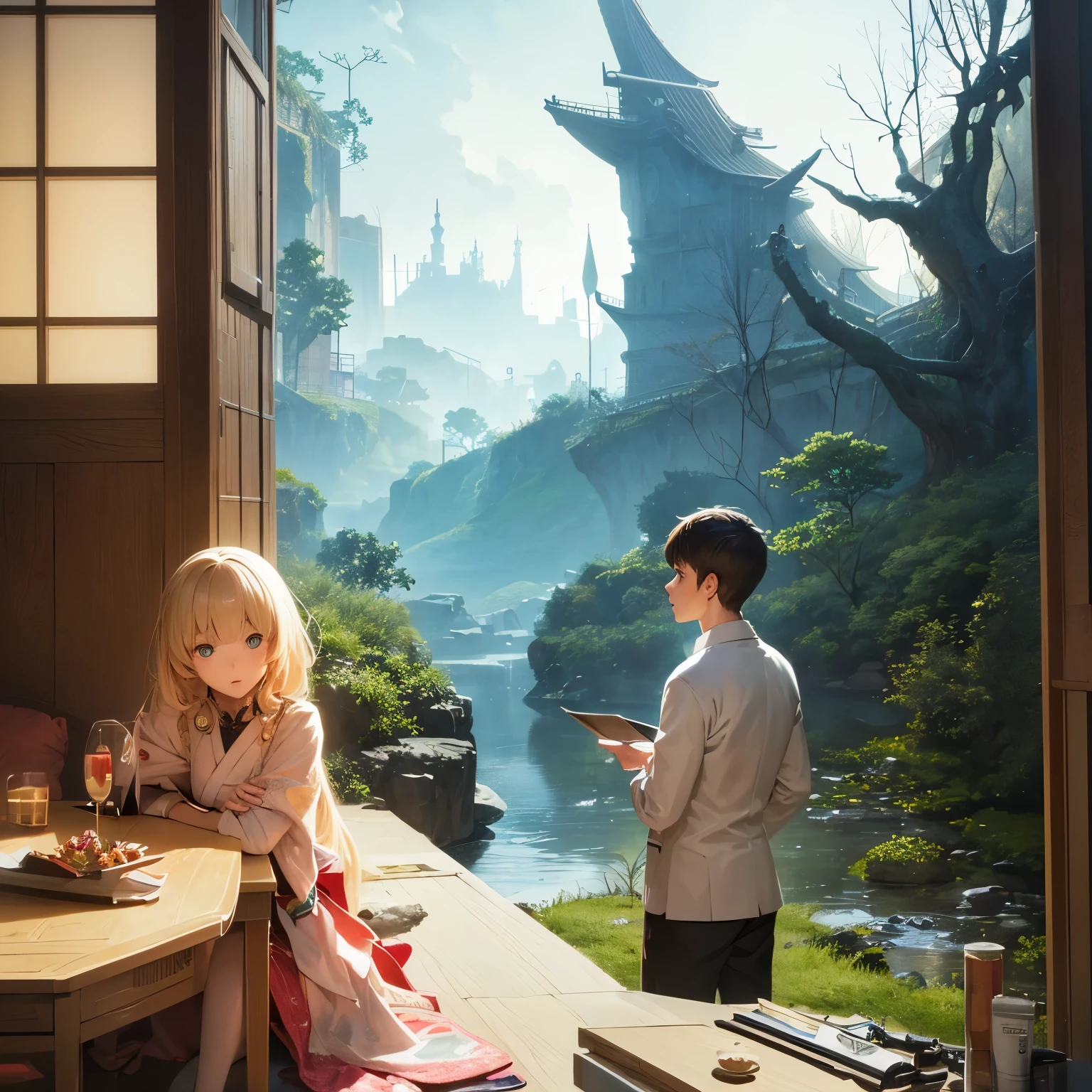Takeo Takei, Marius Alexander Jacques Bauer, Mysterious, strange, surreal, bizarre, fantasy, Sci-fi, Japanese anime, paper aquarium, boy and girl, detailed masterpiece Hyper realistic sharp focus