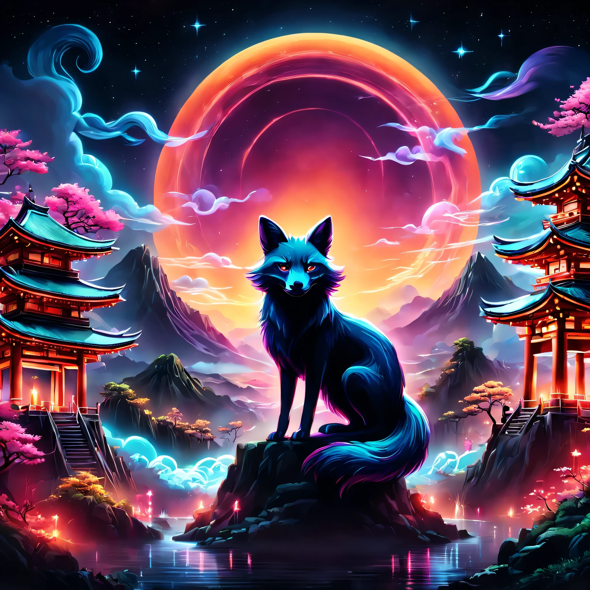 The aesthetics of Vaporwave,Landscape painting,Shrine painted in neon colors,Kyoto,Fushimi Inari,torii,two dancing demon foxes:Nine-Tailed Fox:silhouette,moon,star,cloud,aurora,beautiful,rich colors,flash,と明るいflash,Cast colorful spells,Draw in neon colors on a dark background,Fusion of good old Japanese scenery and modern art,Pop Illustration,poster,perfect composition,Design that expresses Japan,zentangle,magic elements,wonderful,masterpiece,4K,works of art,Bright colors,black,pink,Light blue,purple