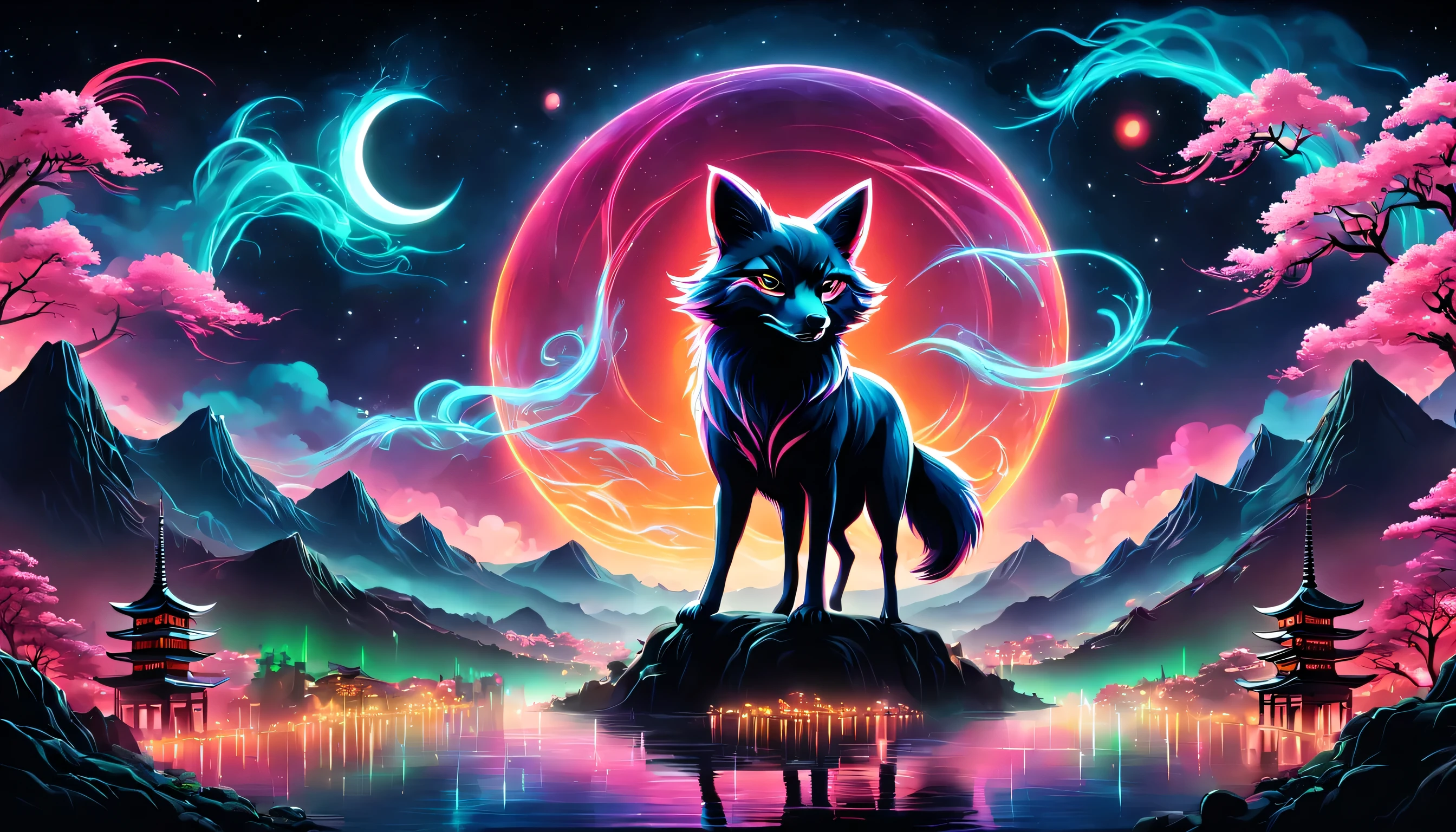 The aesthetics of Vaporwave,Landscape painting,Shrine painted in neon colors,Kyoto,Fushimi Inari,torii,two dancing demon foxes:Nine-Tailed Fox:silhouette,moon,star,cloud,aurora,beautiful,rich colors,flash,と明るいflash,Cast colorful spells,Draw in neon colors on a dark background,Fusion of good old Japanese scenery and modern art,Pop Illustration,poster,perfect composition,Design that expresses Japan,zentangle,magic elements,wonderful,masterpiece,4K,works of art,Bright colors,black,pink,Light blue,purple