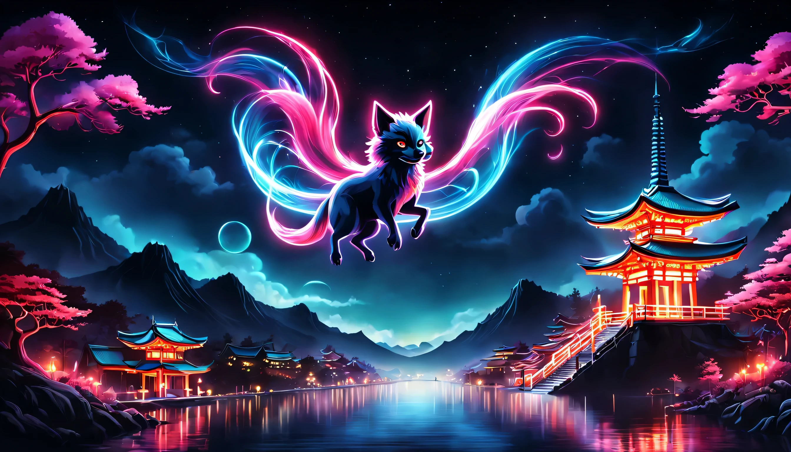 The aesthetics of Vaporwave,Landscape painting,Shrine painted in neon colors,Kyoto,Fushimi Inari,torii,two dancing demon foxes:Nine-Tailed Fox:silhouette,moon,star,cloud,aurora,beautiful,rich colors,flash,と明るいflash,Cast colorful spells,Draw in neon colors on a dark background,Fusion of good old Japanese scenery and modern art,Pop Illustration,poster,perfect composition,Design that expresses Japan,zentangle,magic elements,wonderful,masterpiece,4K,works of art,Bright colors,black,pink,Light blue,purple