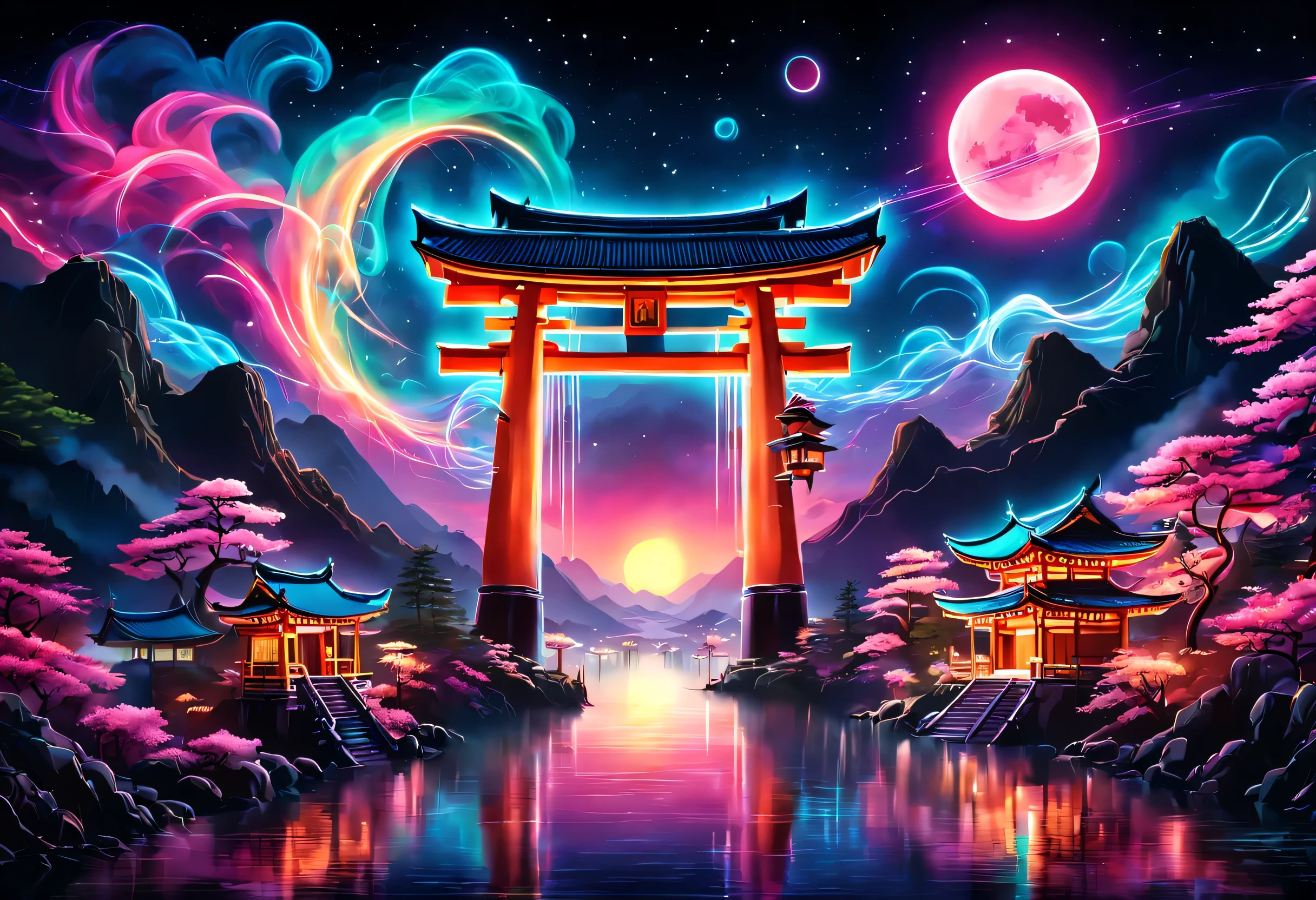 The aesthetics of Vaporwave,Landscape painting,retro,Shrine painted in neon colors,Kyoto,Fushimi Inari,torii,moon,star,cloud,aurora,beautiful,rich colors,flash,と明るいflash,Cast colorful spells,Draw in neon colors on a dark background,Fusion of good old Japanese scenery and modern art,Pop Illustration,poster,perfect composition,Design that expresses Japan,zentangle,magic elements,wonderful,masterpiece,4K,works of art,Bright colors,black,pink,Light blue,purple,Mysterious