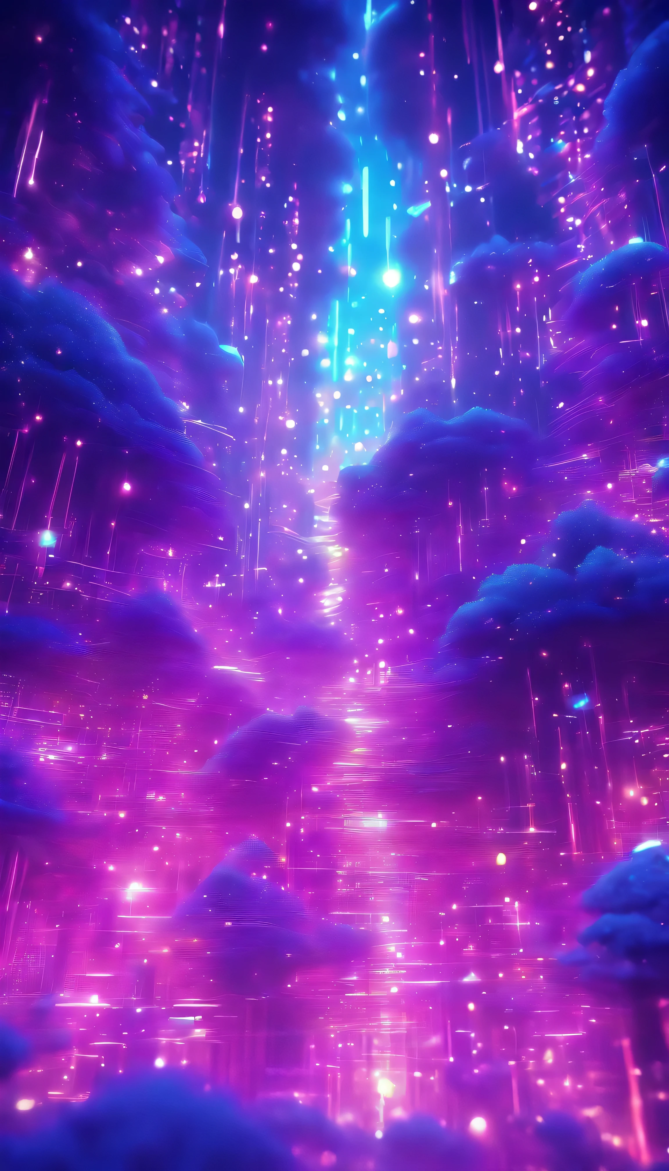 Data technology futuristic illustration, a wave of bright particles, presenting technical 3D landscape and big data visualization. A network of dots connected by lines creates an abstract digital background with a purple color scheme in a surreal 3D rendering at 8k resolution  