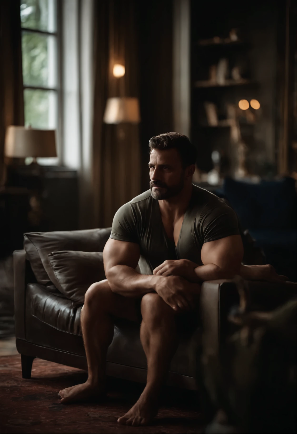 Muscular naked male supervillan laying seductivly infront of a fireplace