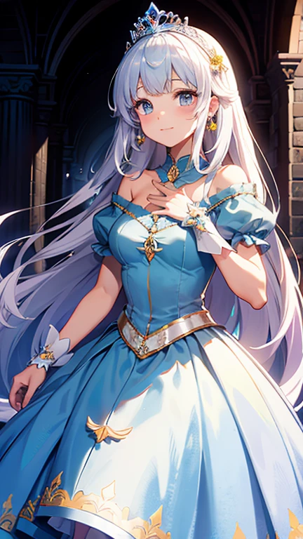 Masterpiece, best quality, high resolution, tall elf goddess, long silver hair, silky and shiny, bright and detailed blue eyes, huge breasts: 1.4, beautiful and detailed face, pointed elf ears, detailed flowers in hair, gorgeous and exquisite crown, gorgeous long skirt with exquisite intricate patterns, stockings with exquisite patterns,