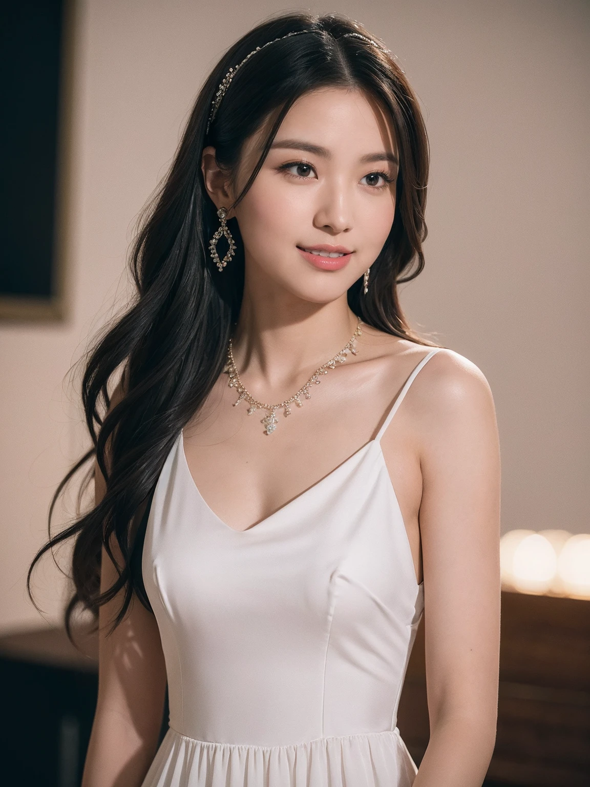 最high quality, masterpiece, High resolution, 1 girl, clear silk porcelain dress, beautiful face, hair accessory, looking at the audience, smile, close your mouth, lips, dress, hair accessory, necklace, jewelry, long hair, earrings, beautiful face, On the body, Tyndall effect, realism, dark studio, edge lighting, two-tone lighting, (high detail skin: 1.2), 8K UHD, Digital single-lens reflex camera, soft light, high quality, volume lighting, photograph, High resolution 4K, 8K, blurred background
