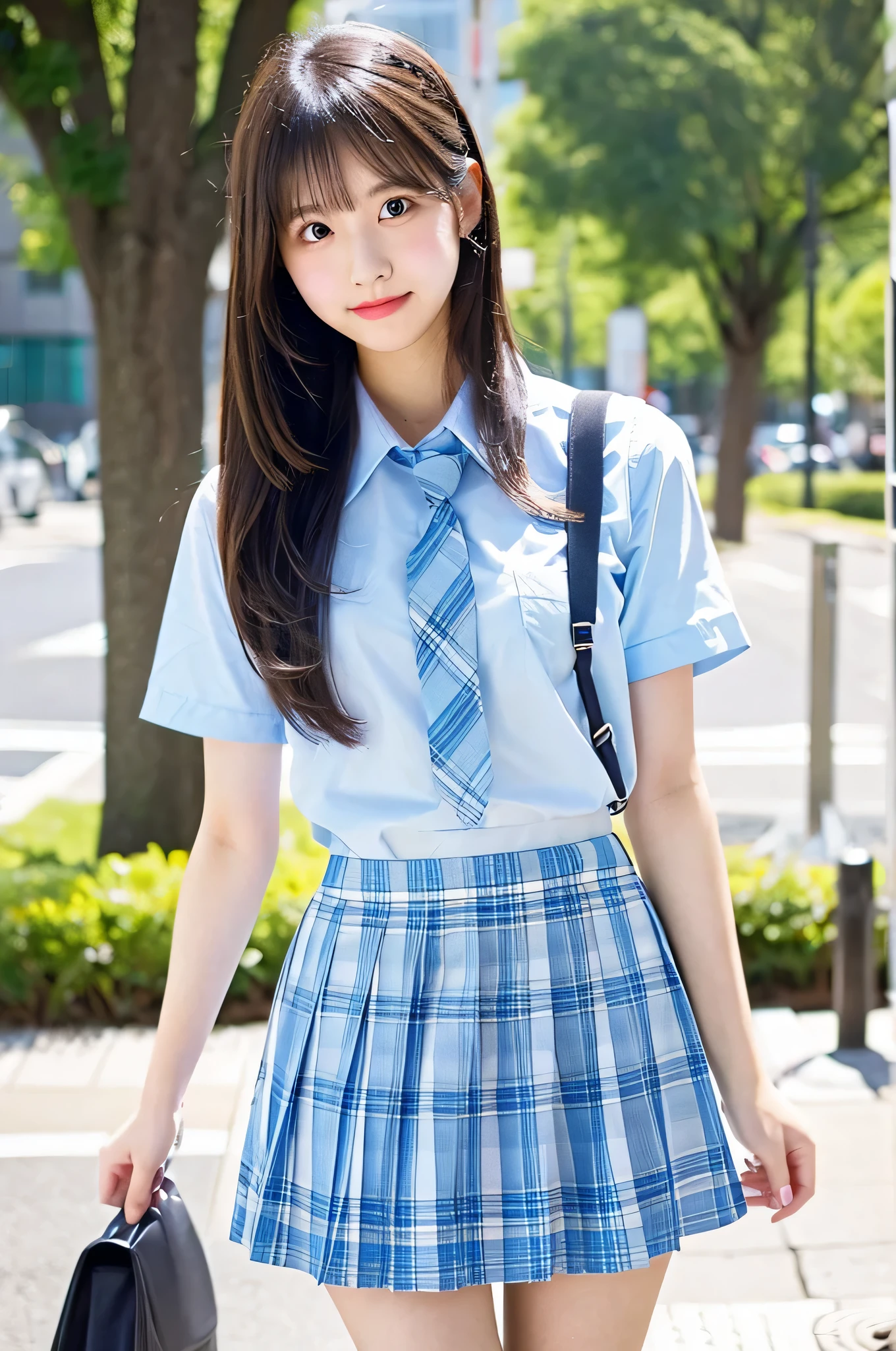 super mini skirt(Light blue plaid)20 year old high school girl wearing a white shirt.
