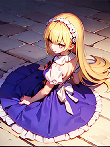 nsfw,sex、rape、vaginal 、lie down、On your back、sleep、Held down、Alice、beautiful girl、beautiful, whole body, smile, smile alicesmt, dress, long hair, blonde hair, hair band, dull bangs, puffy sleeves, blue dress, yellow eyes