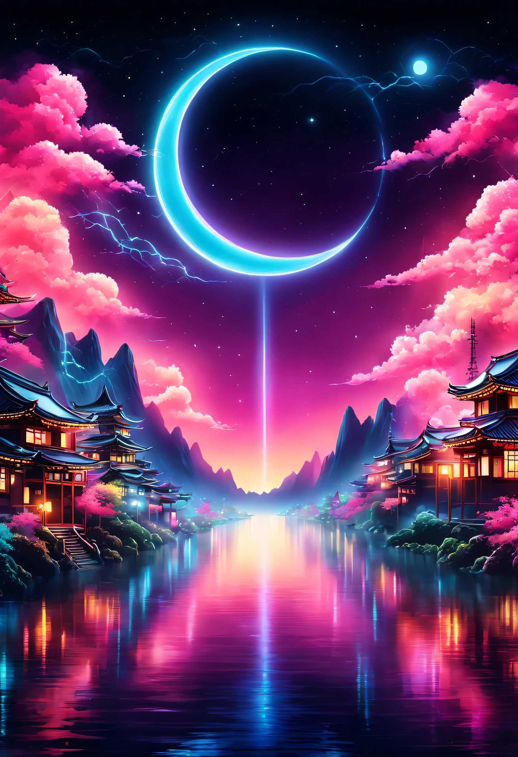 The aesthetics of Vaporwave,Landscape painting,Japan colored in neon colors,Kyoto,moon,star,cloud,aurora,beautiful,rich colors,flash,と明るいflash,Cast colorful spells,Draw in neon colors on a dark background,Fusion of good old Japanese scenery and modern art,Pop Illustration,poster,perfect composition,Design that expresses Japan,zentangle,magic elements,wonderful,masterpiece,4K,works of art,Bright colors,black,pink,Light blue,purple