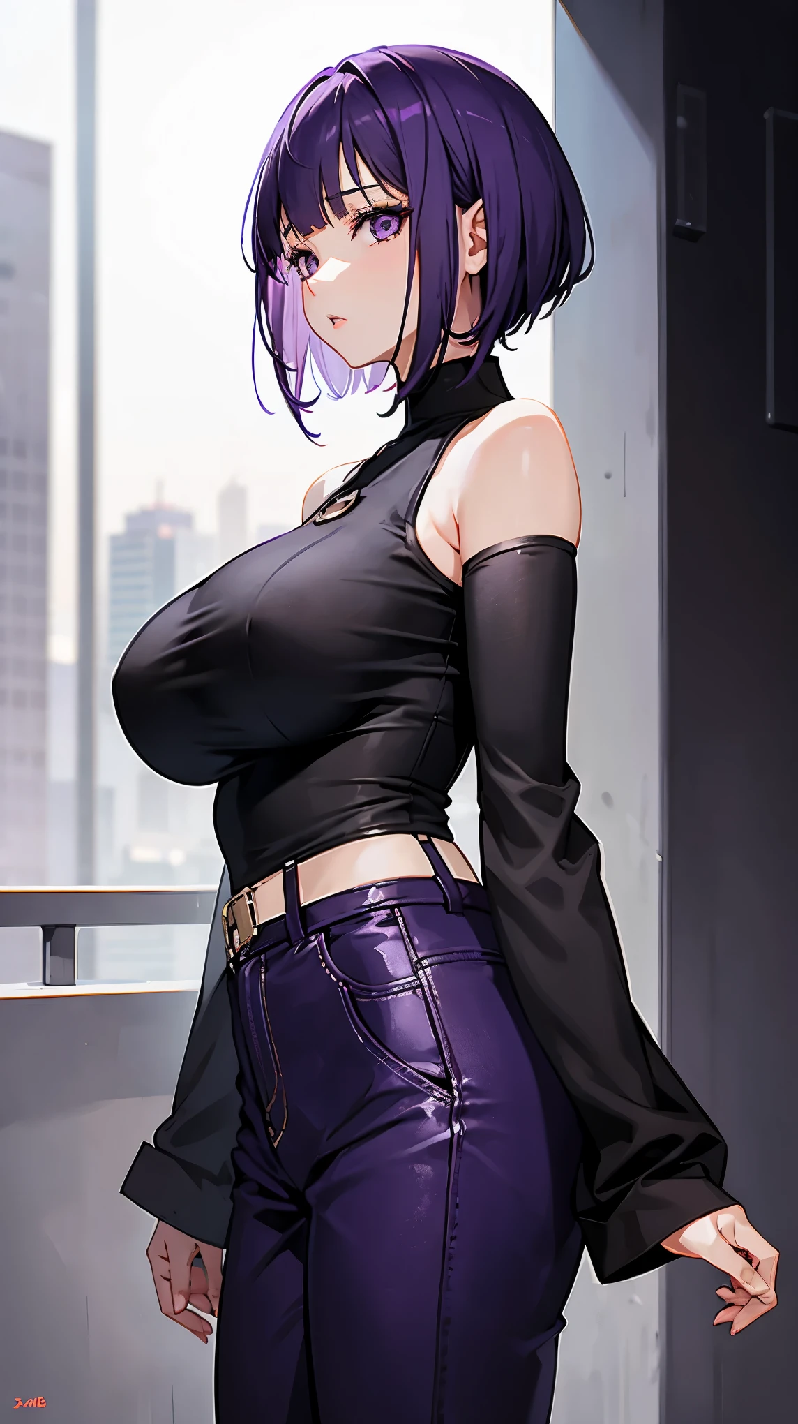 1girl, purple hair, short hair, blunt bangs, black top, long pants, big breasts, parted lips