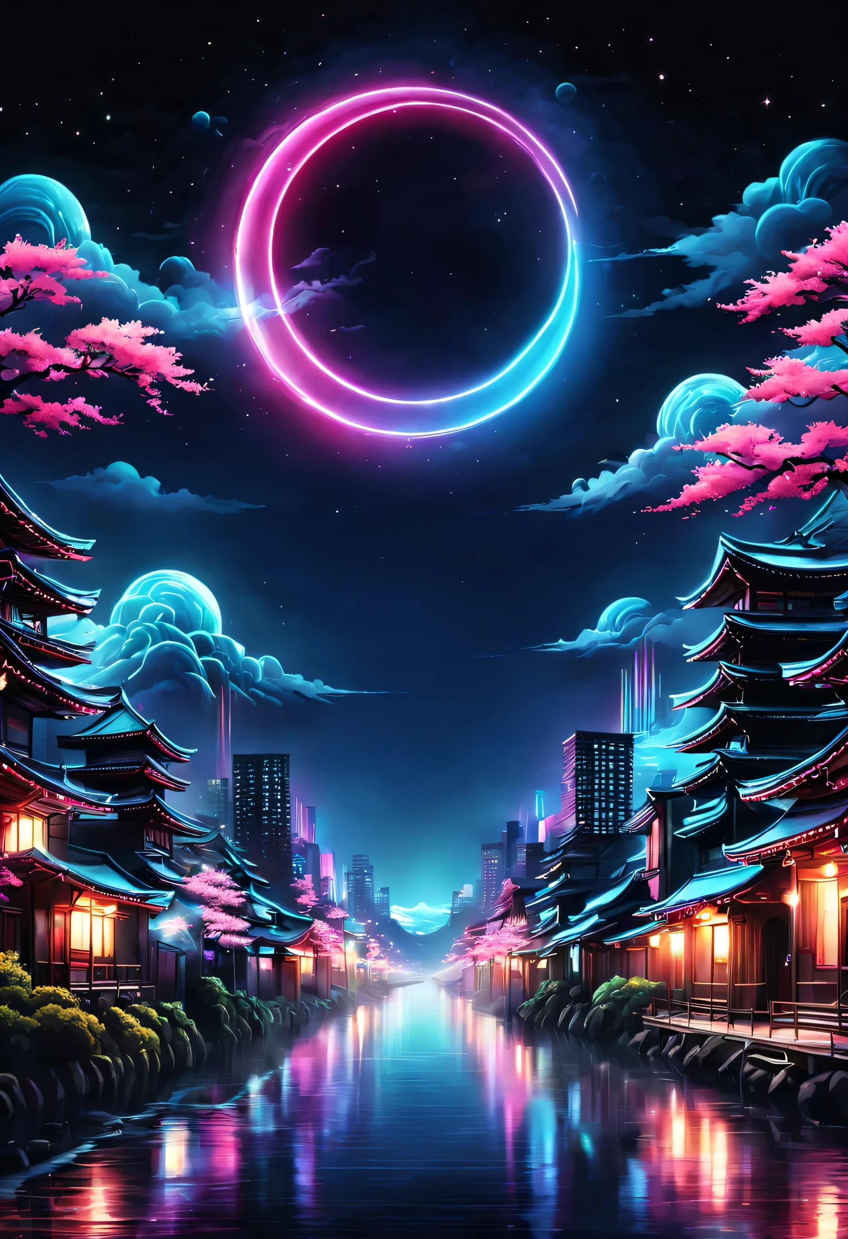 The aesthetics of Vaporwave,Landscape painting,Japan colored in neon colors,Kyoto,moon,star,cloud,aurora,beautiful,rich colors,flash,と明るいflash,Cast colorful spells,Draw in neon colors on a dark background,Fusion of good old Japanese scenery and modern art,Pop Illustration,poster,perfect composition,Design that expresses Japan,zentangle,magic elements,wonderful,masterpiece,4K,works of art,Bright colors,black,pink,Light blue,purple