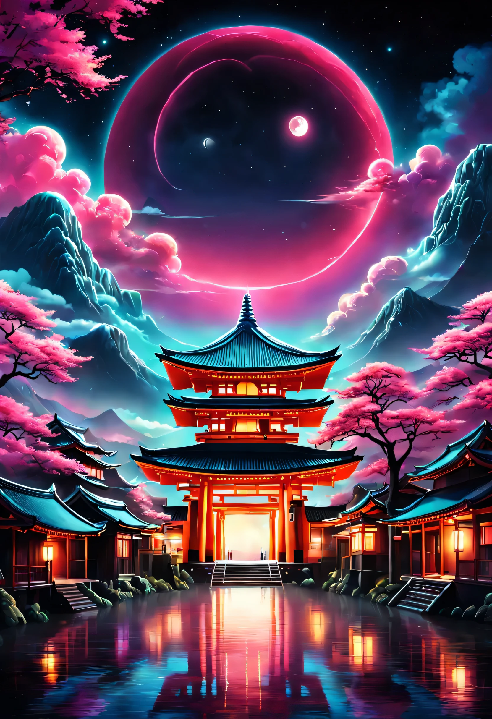 The aesthetics of Vaporwave,Landscape painting,Shrine painted in neon colors,Kyoto,Fushimi Inari,torii,moon,star,cloud,aurora,beautiful,rich colors,flash,と明るいflash,Cast colorful spells,Draw in neon colors on a dark background,Fusion of good old Japanese scenery and modern art,Pop Illustration,poster,perfect composition,Design that expresses Japan,zentangle,magic elements,wonderful,masterpiece,4K,works of art,Bright colors,black,pink,Light blue,purple