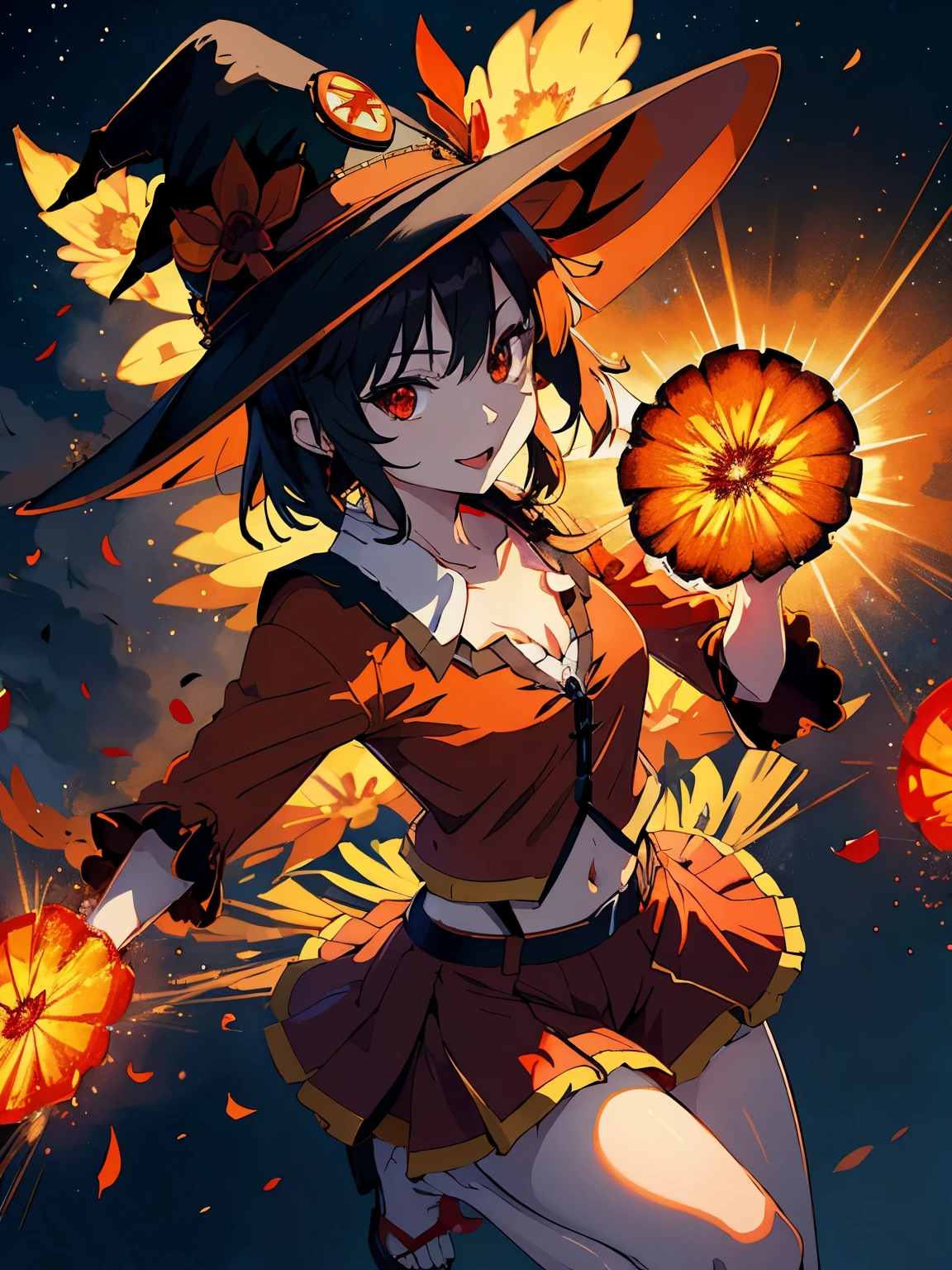 Megumin doing a pose, orange flowers flying around, beautiful lights, witch hat, beautiful clothes, shiny red eyes, rays effects, 4k, masterpiece