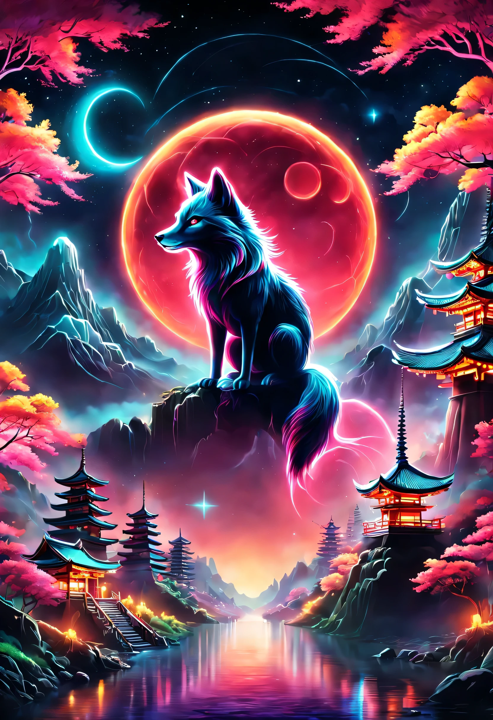 The aesthetics of Vaporwave,Landscape painting,Shrine painted in neon colors,Kyoto,Fushimi Inari,torii,Silhouette of a fox,moon,star,cloud,aurora,beautiful,rich colors,flash,と明るいflash,Cast colorful spells,Draw in neon colors on a dark background,Fusion of good old Japanese scenery and modern art,Pop Illustration,poster,perfect composition,Design that expresses Japan,zentangle,magic elements,wonderful,masterpiece,4K,works of art,Bright colors,black,pink,Light blue,purple