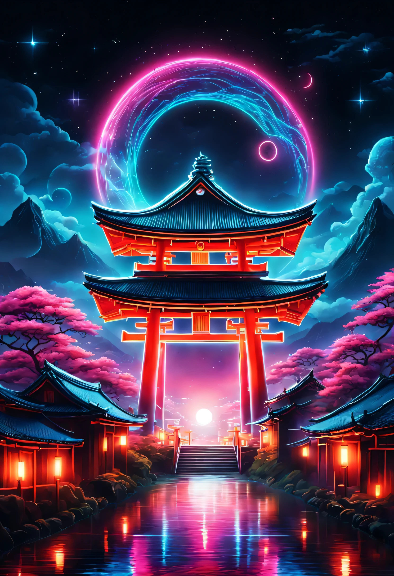 The aesthetics of Vaporwave,Landscape painting,Shrine painted in neon colors,Kyoto,Fushimi Inari,torii,two dancing demon foxes:silhouette,moon,star,cloud,aurora,beautiful,rich colors,flash,と明るいflash,Cast colorful spells,Draw in neon colors on a dark background,Fusion of good old Japanese scenery and modern art,Pop Illustration,poster,perfect composition,Design that expresses Japan,zentangle,magic elements,wonderful,masterpiece,4K,works of art,Bright colors,black,pink,Light blue,purple