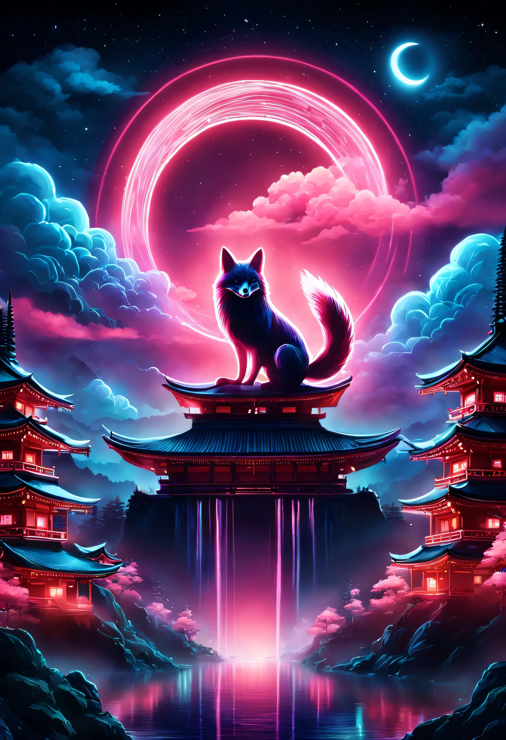 The aesthetics of Vaporwave,Landscape painting,Shrine painted in neon colors,Kyoto,Fushimi Inari,torii,Silhouette of a fox,moon,star,cloud,aurora,beautiful,rich colors,flash,と明るいflash,Cast colorful spells,Draw in neon colors on a dark background,Fusion of good old Japanese scenery and modern art,Pop Illustration,poster,perfect composition,Design that expresses Japan,zentangle,magic elements,wonderful,masterpiece,4K,works of art,Bright colors,black,pink,Light blue,purple