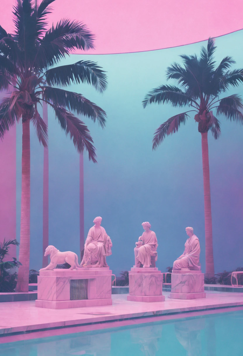 vaporwave aesthetic,retro neon lights,glitch art,pastel colors,80s,90s,vintage computer graphics,lo-fi,soft focus,reflection,smooth surfaces,roman statues,neon palm trees,mirrored sunglasses,gradient,static noise,vhs tape distortion,synthwave music,geometry,Japanese characters,windows 95,computer-generated landscapes,calm and dreamy,paradise beach,empty shopping malls,rose gold,marble textures,soft pink and purple hues,vaporwave aesthetics