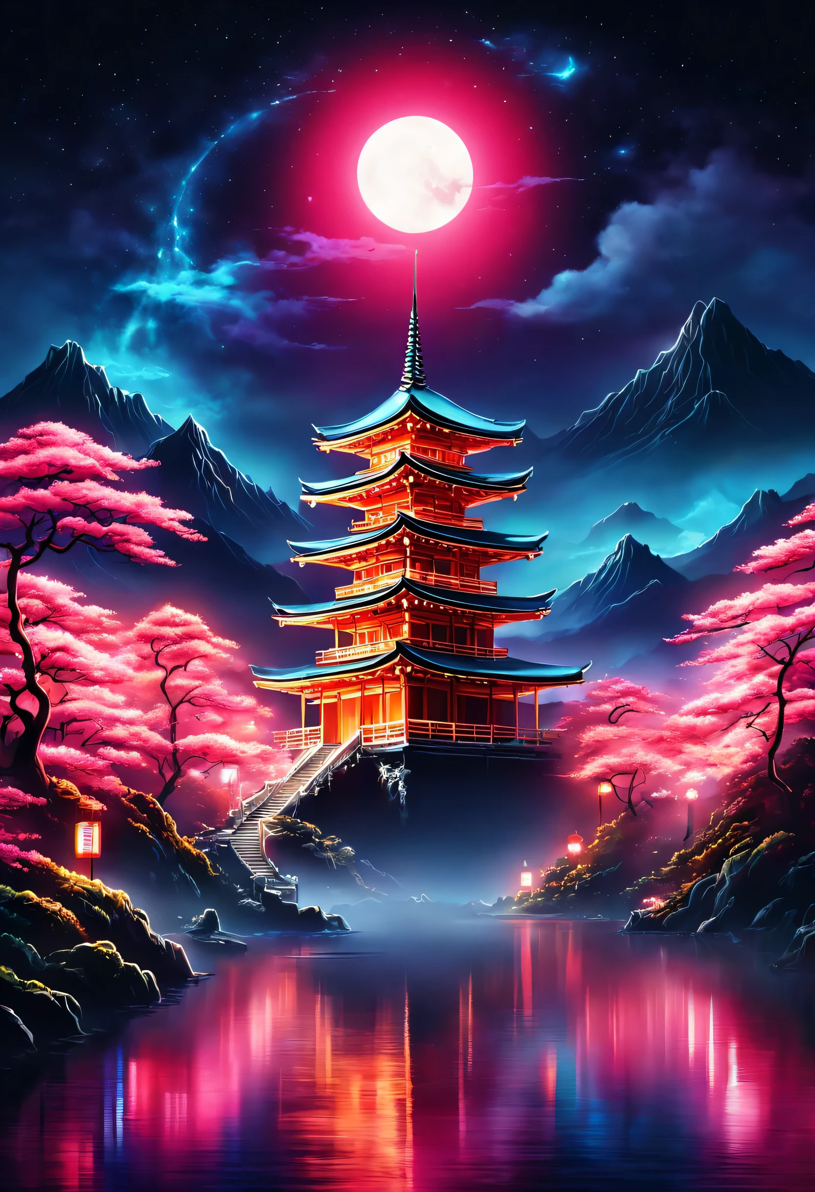 The aesthetics of Vaporwave,Landscape painting,Japan colored in neon colors,Kyoto,Kiyomizu temple,Around Ninenzaka,moon,star,cloud,aurora,beautiful,rich colors,flash,とてもflash,Cast colorful spells,Draw in neon colors on a dark background,Fusion of good old Japanese scenery and modern art,Pop Illustration,poster,perfect composition,Design that expresses Japan,works of art,Bright colors、black,pink,Light blue,purple