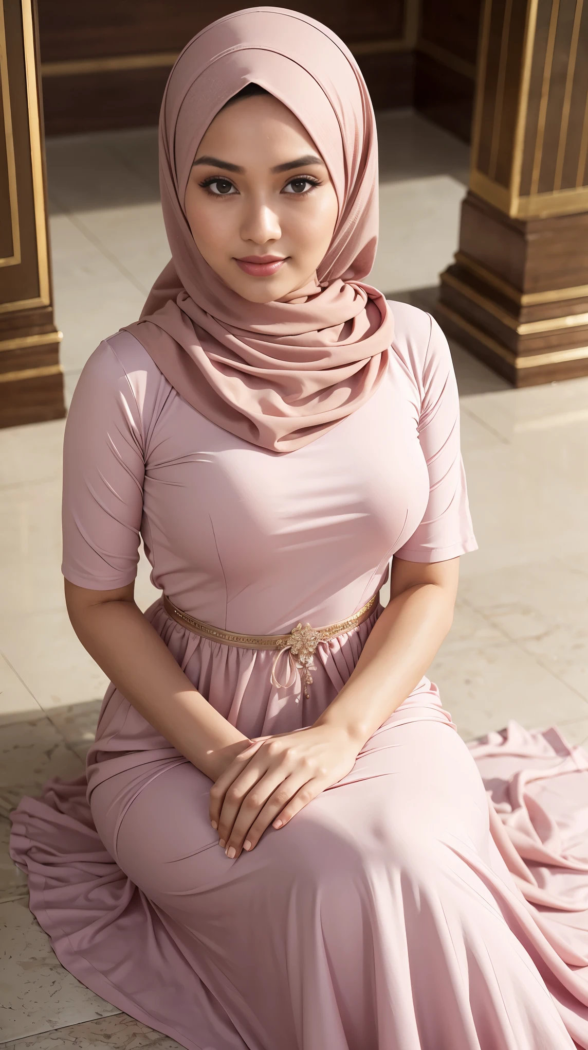 
RAW, Best quality, high resolution, masterpiece: 1.3), beautiful Malay woman in hijab, Masterpiece, perfect fit body, big breasts,thick thighs, beautiful face, beautiful big eyes, Soft smile, muslim woman in a pink dress sitting in a mall, long dress, wearing a long dress, wearing an elegant dress, full covered dress, long dress female, in a dress, malaysian, elegant dress, woman in dress, sophisticated dress, dressed in a pink dress, with a thin waist, wearing dress, feminine in cute pastel shades, feminine in pastel shades , Great lighting, Bright colors, Ultra realistic clean lines, very realistic