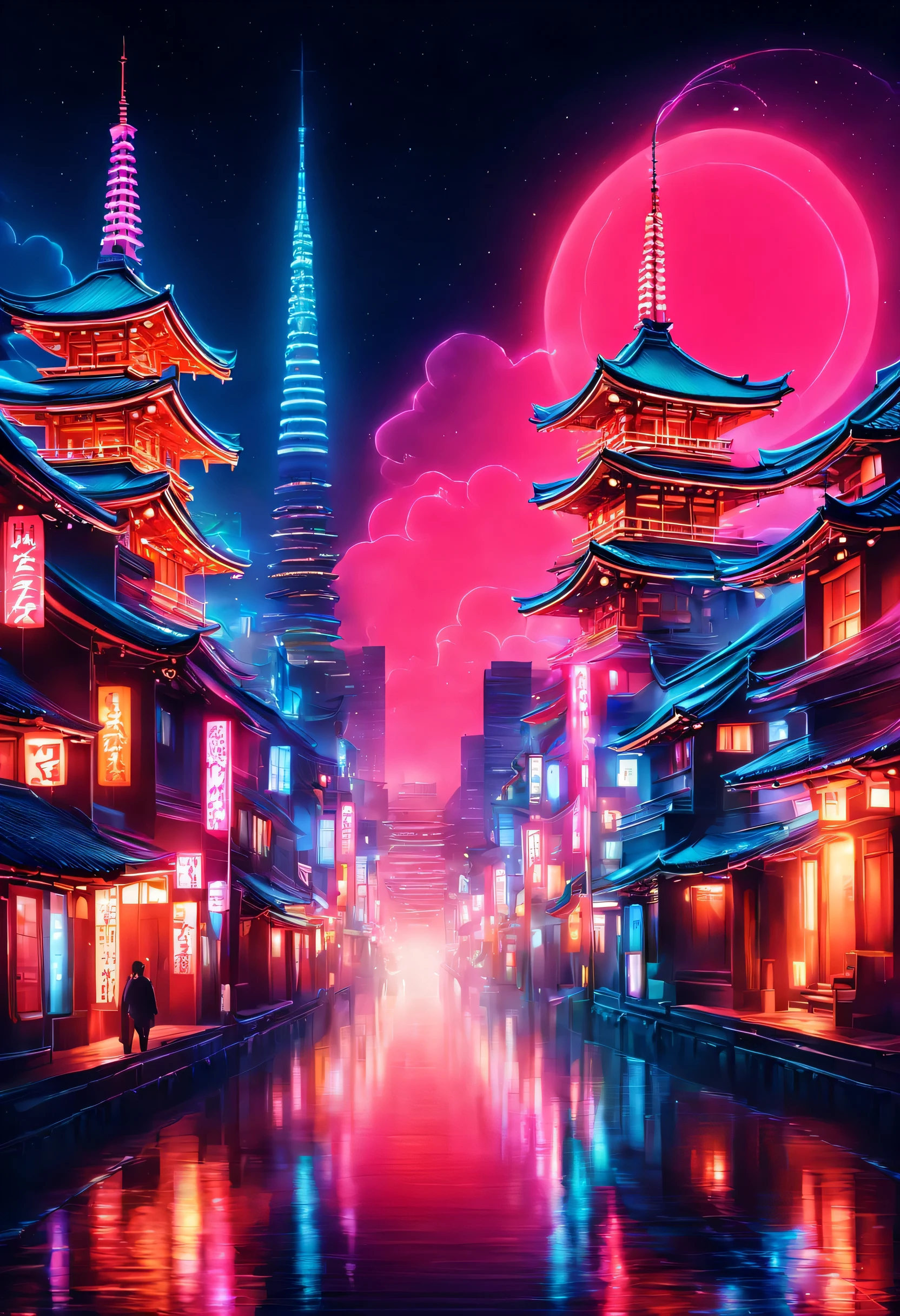 The aesthetics of Vaporwave,Landscape painting,Shrine painted in neon colors,Kyoto,Fushimi Inari,torii,two dancing demon foxes:silhouette,moon,star,cloud,aurora,beautiful,rich colors,flash,と明るいflash,Cast colorful spells,Draw in neon colors on a dark background,Fusion of good old Japanese scenery and modern art,Pop Illustration,poster,perfect composition,Design that expresses Japan,zentangle,magic elements,wonderful,masterpiece,4K,works of art,Bright colors,black,pink,Light blue,purple