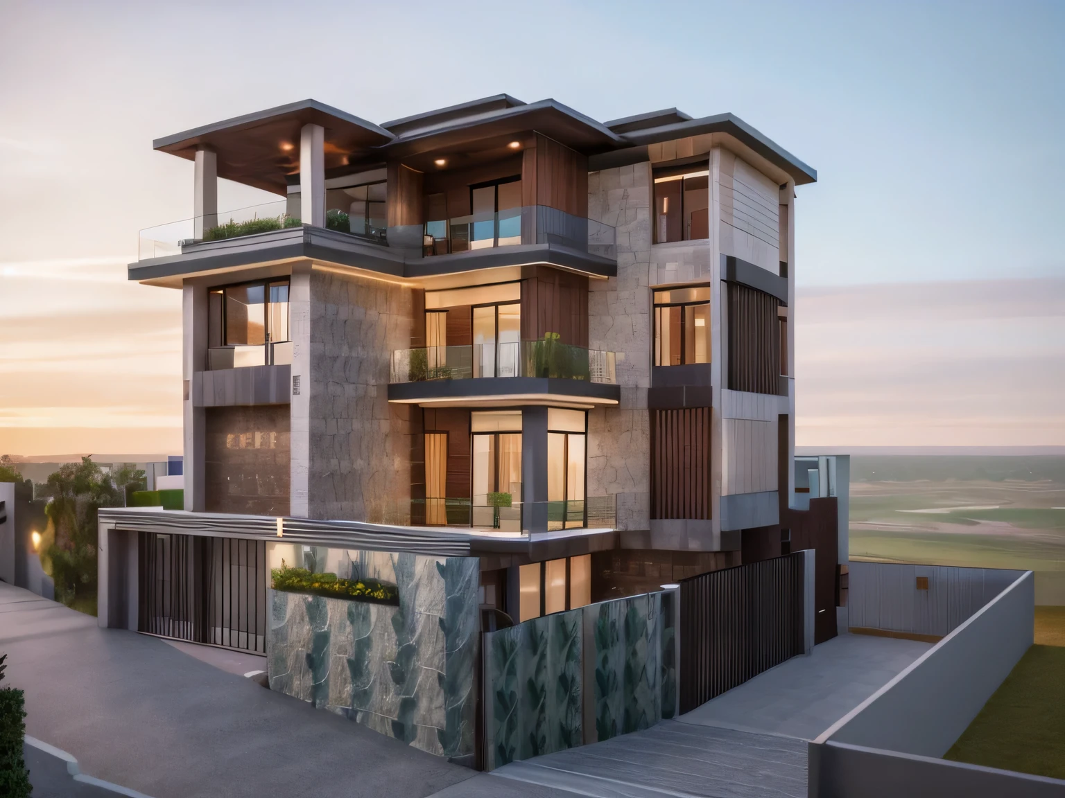 arafed view of a two story building with a balcony and a balcony, residential design, front elevation view, exterior design, 3d rendering, 3 d rendering, concept house, complete house, frontview, front-view, architectural render, architecture render, realistic concept, architectural 3 d render, elevation view, professional render, inter dimensional villa, detailed rendering,front yard, stone and grass path