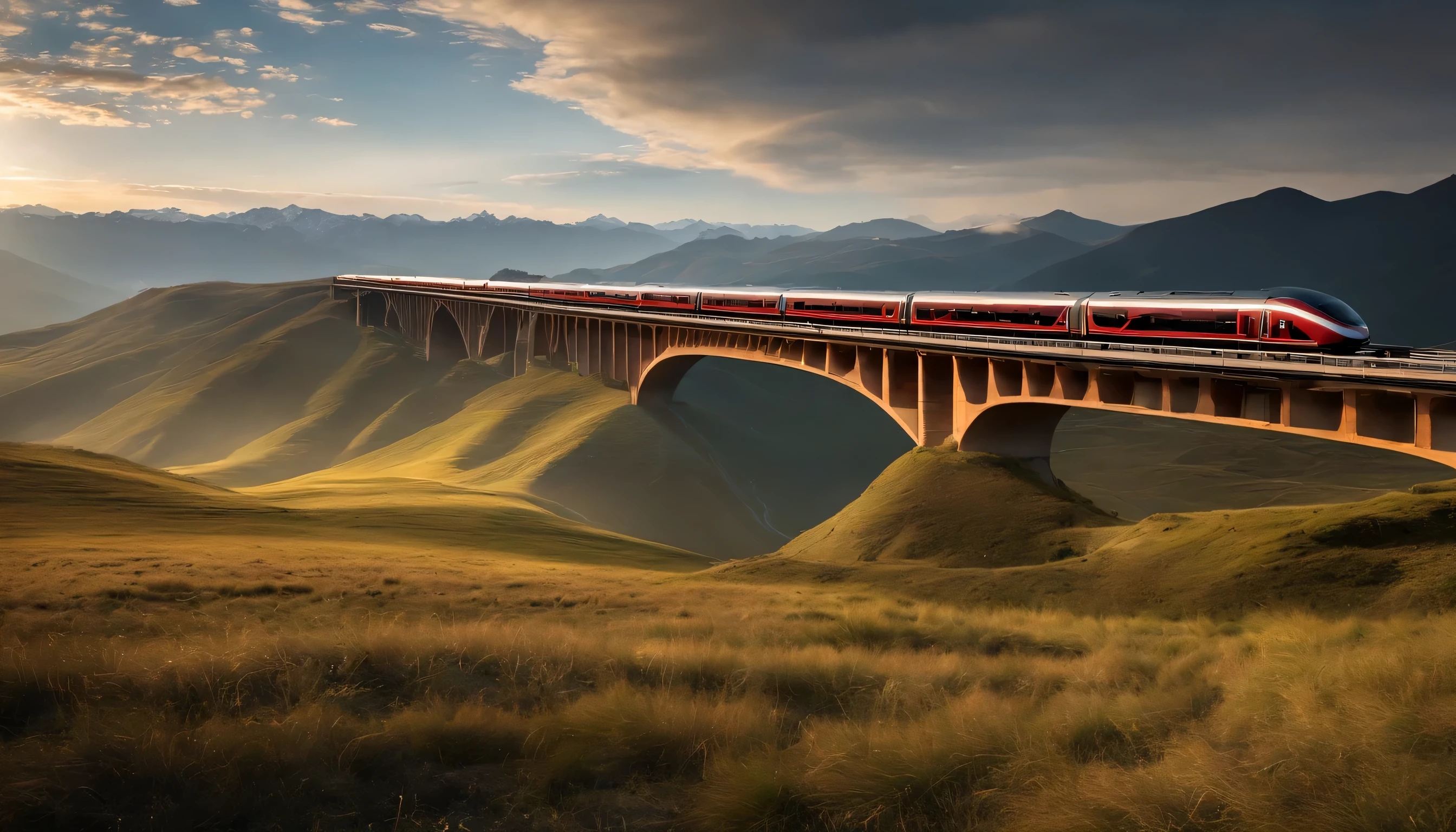 High-speed train running on the elevated，青藏plateau，The high-speed train passes on the red viaduct in the distance，Red China high-speed train in the distance，Hareful，Tibetan antelope，yak，青藏plateau生物，青藏plateau植物正午阳光，超精细grassland，ue5 rendering light，Highly detailed clouds，plateau，low vanishing point，Low angle viewing angle，look up to，{{{masterpiece}}}、{{best quality、A super detailed illustration、beautiful shrub}}、{very delicate light}、{nature}、{{Delicate starry sky、more transparent clouds、high quality clouds、优质的grassland、very fine 8KCG wallpaper}}、（plateau场景）、sunrise、randomly distributed clouds、（grassland）、青藏plateau、（sunny）、（（shimmer）），glowing particles，Low angle viewing angle，Low angle viewing angle，low vanishing point，广阔的grassland照片，（view from below，Above is the sky and wilderness），Standing on the grass and looking up，distant mountains，（Warm light source：1.2），Purple and orange，intricate details，Volumetric lighting BREAK（masterpiece：1.2）（highest quality），4k，Ultra-detailed，（Dynamic configuration：1.4），High level of detail and colorful details（rainbow colors：1.2），（sparkling，atmospheric lighting），dream，magic，（solo：1.2）