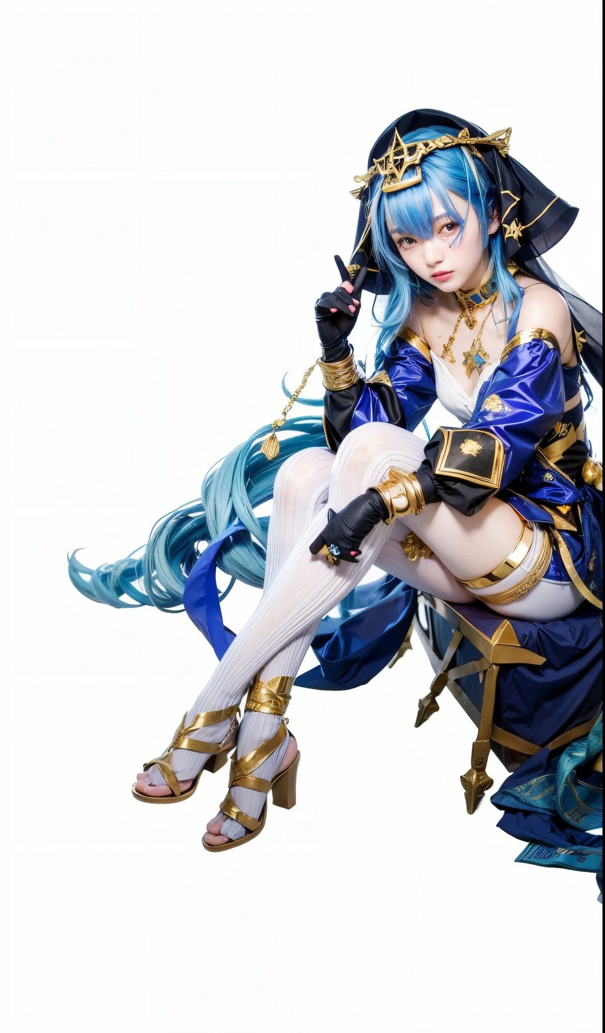 (masterpiece, best quality:1.2), cowboy shot, solo, 1girl, layla, expressionless, closed mouth, looking at viewer, twin drills, drill locks, hood, long sleeves, juliet sleeves, white pantyhose, thighlet, gloves, jewelry, bare shoulders