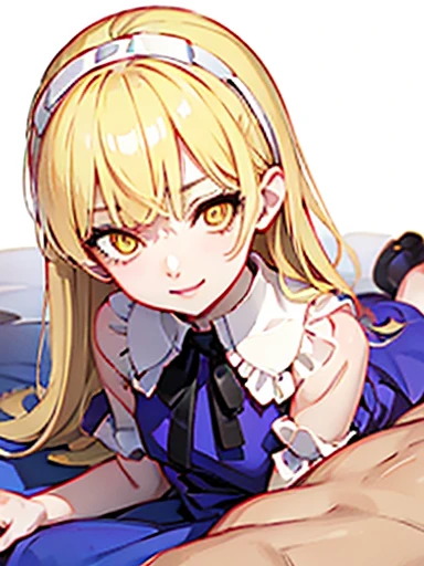 nsfw,sex、rape、vaginal 、lie down、Alice、beautiful girl、beautiful, whole body, smile, smile alicesmt, dress, long hair, blonde hair, hair band, dull bangs, puffy sleeves, blue dress, yellow eyes