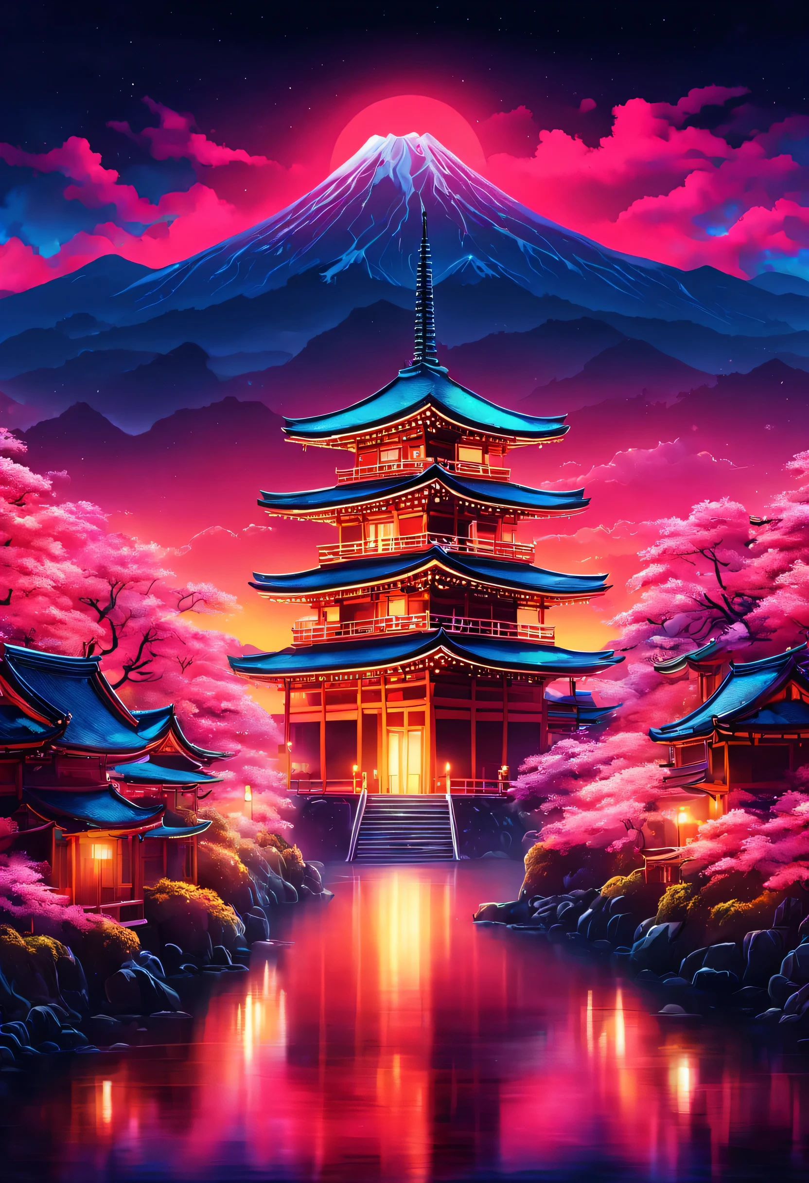 The aesthetics of Vaporwave,Landscape painting,Japan colored in neon colors,Kyoto,Kiyomizu temple,Around Ninenzaka,,beautiful,rich colors,flash,とてもflash,Cast colorful spells,Draw in neon colors on a dark background,Fusion of good old Japanese scenery and modern art,Pop Illustration,poster,perfect composition,Design that expresses Japan,works of art,primary color,pink