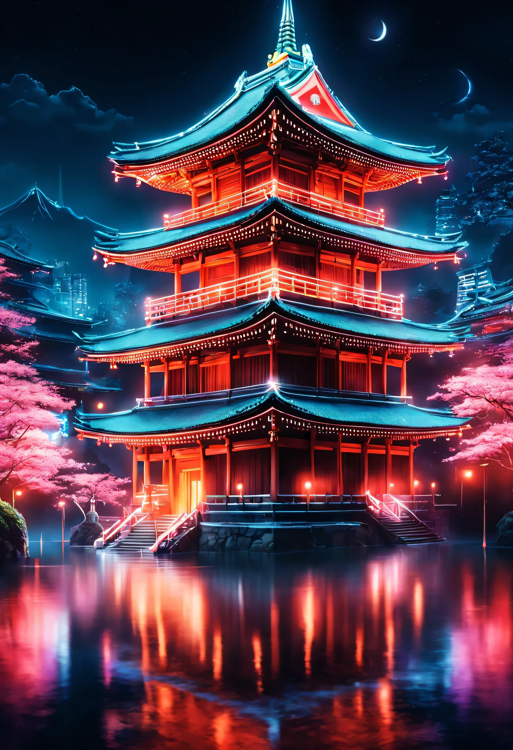 The aesthetics of Vaporwave,Landscape painting,Shrine painted in neon colors,Kyoto,Fushimi Inari,torii,two dancing demon foxes:silhouette,moon,star,cloud,aurora,beautiful,rich colors,flash,と明るいflash,Cast colorful spells,Draw in neon colors on a dark background,Fusion of good old Japanese scenery and modern art,Pop Illustration,poster,perfect composition,Design that expresses Japan,zentangle,magic elements,wonderful,masterpiece,4K,works of art,Bright colors,black,pink,Light blue,purple