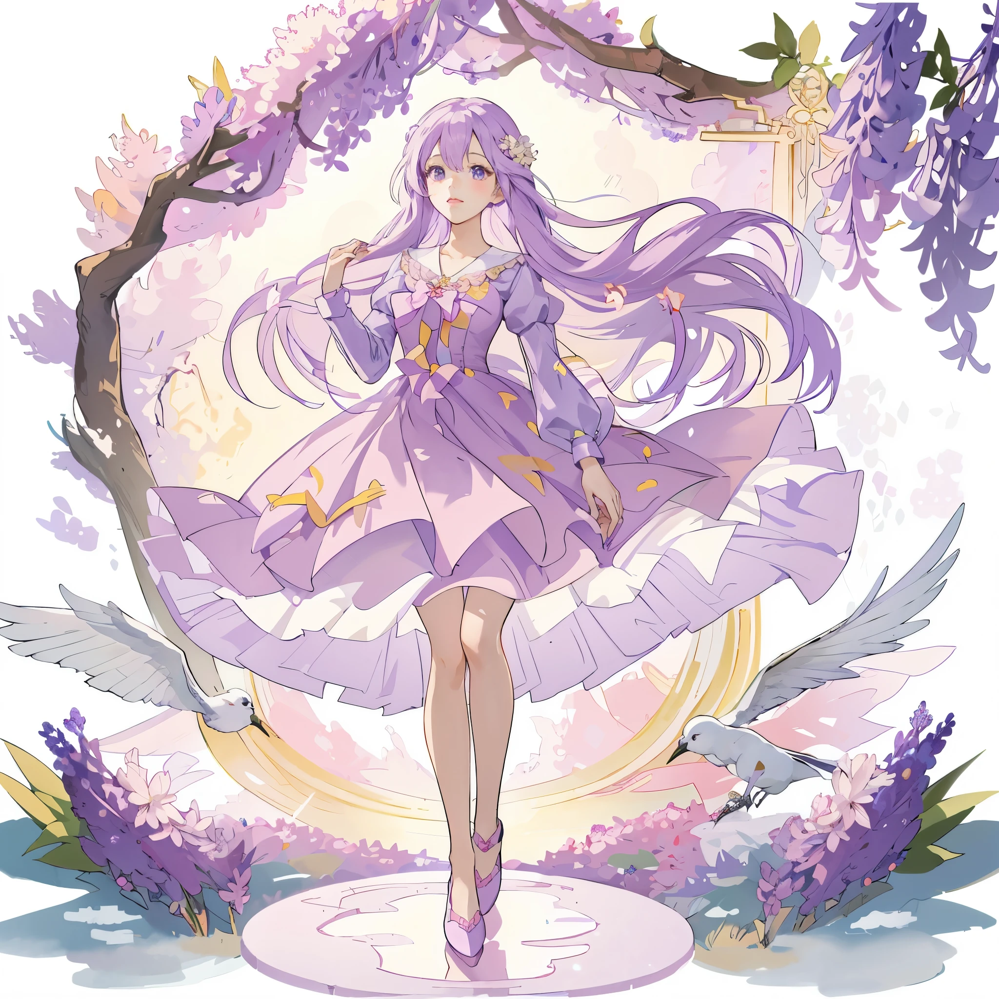 Anime girl wearing purple skirt,There is a bird in the background, lilacs, my dress up darling anime, Cute anime waifu wearing beautiful clothes, clear Fashion Design, !!full body portrait!!, Soft anime illustration, Fashion Design, Beautiful anime style, season!! : 🌸 ☀ 🍂 ❄, Beautiful anime character design, Dress up in dreamy formal attire, Beautiful anime art style, dream style