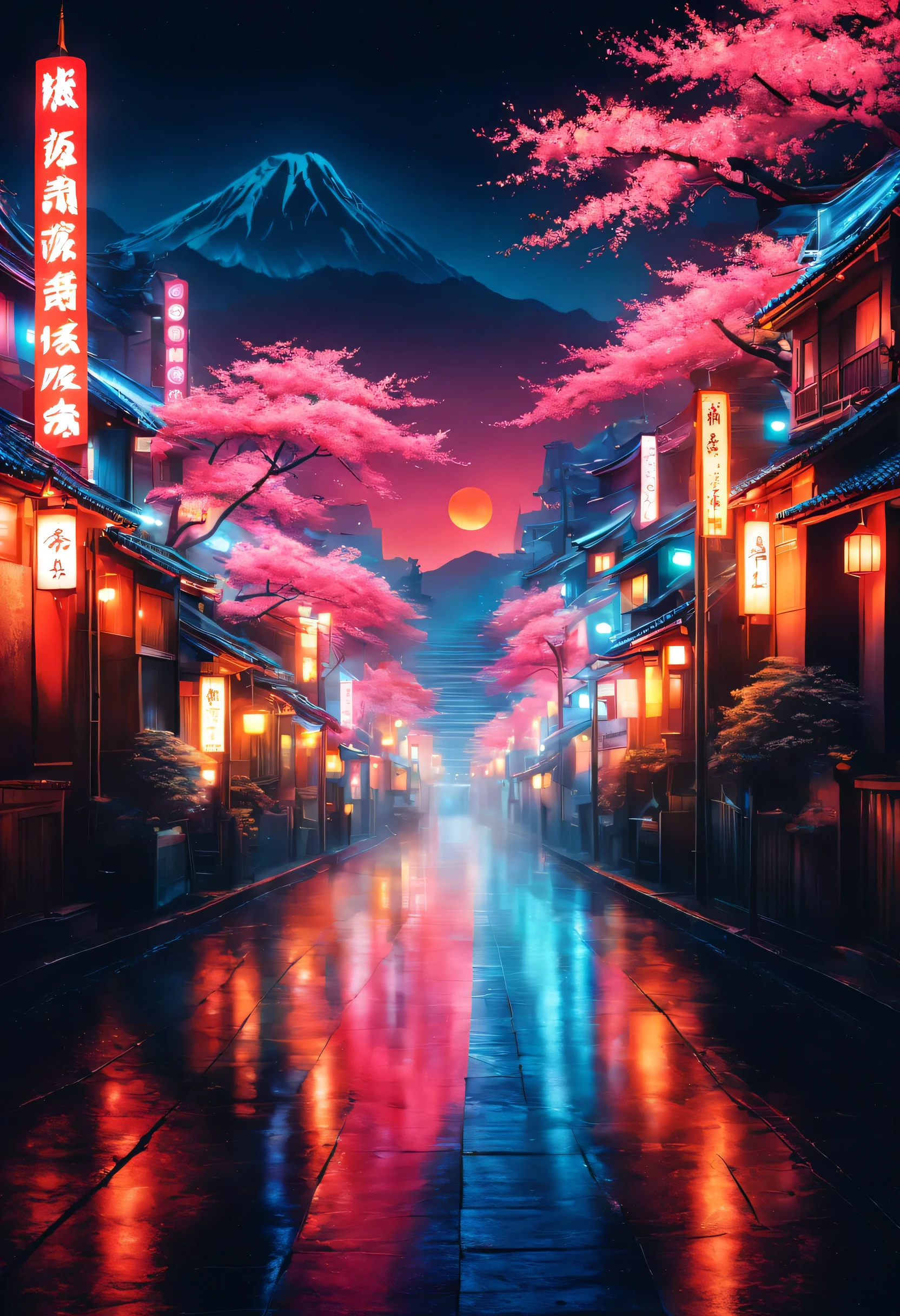 The aesthetics of Vaporwave,Landscape painting,Shrine painted in neon colors,Kyoto,Fushimi Inari,torii,two dancing demon foxes:silhouette,moon,star,cloud,aurora,beautiful,rich colors,flash,と明るいflash,Cast colorful spells,Draw in neon colors on a dark background,Fusion of good old Japanese scenery and modern art,Pop Illustration,poster,perfect composition,Design that expresses Japan,zentangle,magic elements,wonderful,masterpiece,4K,works of art,Bright colors,black,pink,Light blue,purple