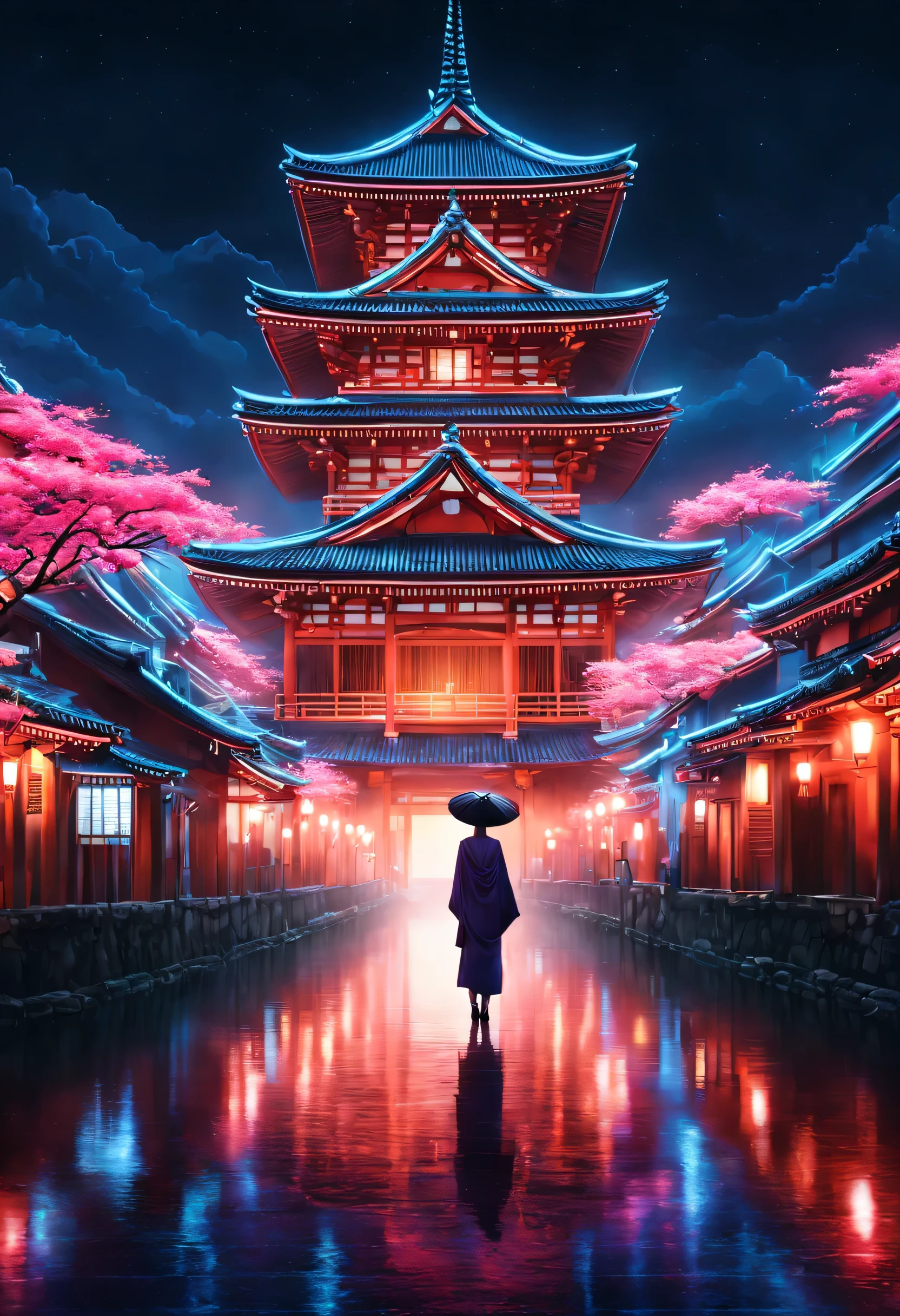 The aesthetics of Vaporwave,ネオンカラーで描くMaikoさん,Kyoto,Kiyomizu temple,Around Ninenzaka,Maiko,最高にかわいいMaikoさん,kimono,Kiyomizu temple周辺を歩いているMaikoさん,beautiful,rich colors,flash,とてもflash,Cast colorful spells,Draw in neon colors on a dark background,Fusion of good old Japanese scenery and modern art,Pop Illustration,poster,perfect composition,Design that expresses Japan,works of art