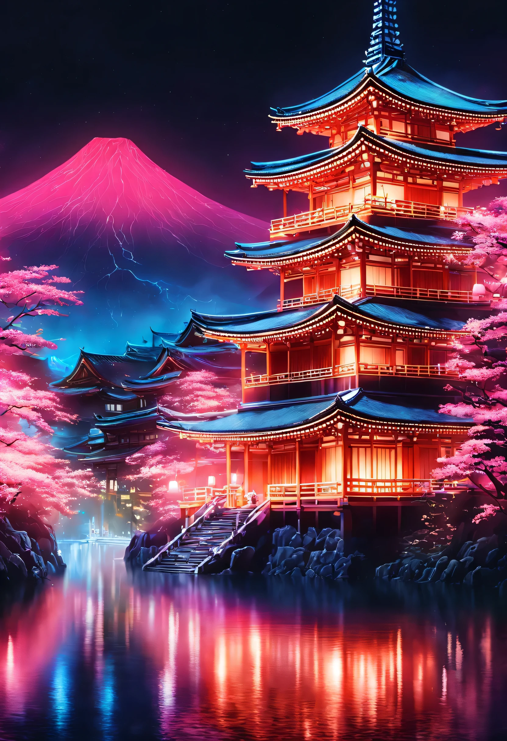 The aesthetics of Vaporwave,Landscape painting,Shrine painted in neon colors,Kyoto,Fushimi Inari,torii,two dancing demon foxes:silhouette,moon,star,cloud,aurora,beautiful,rich colors,flash,と明るいflash,Cast colorful spells,Draw in neon colors on a dark background,Fusion of good old Japanese scenery and modern art,Pop Illustration,poster,perfect composition,Design that expresses Japan,zentangle,magic elements,wonderful,masterpiece,4K,works of art,Bright colors,black,pink,Light blue,purple