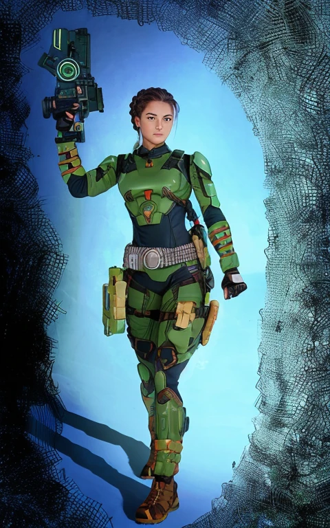 Futuristic female soldier, holding a sci fi gun ,french braid ,wearing green sci fi suit and a whipsword around waist