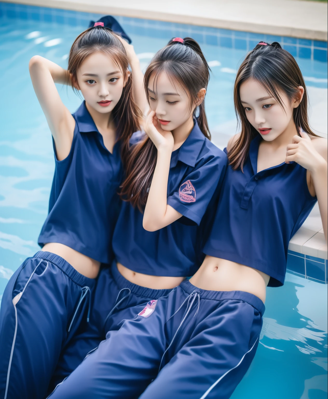3 girls in the swimming pool, Navy blue short-sleeved shirt,Navy Long Trackpant,Sweatpants, Sweatpantsขายาว,25 year old girl, lesbian, sexy, exercise clothes, wet body, exercise clothes