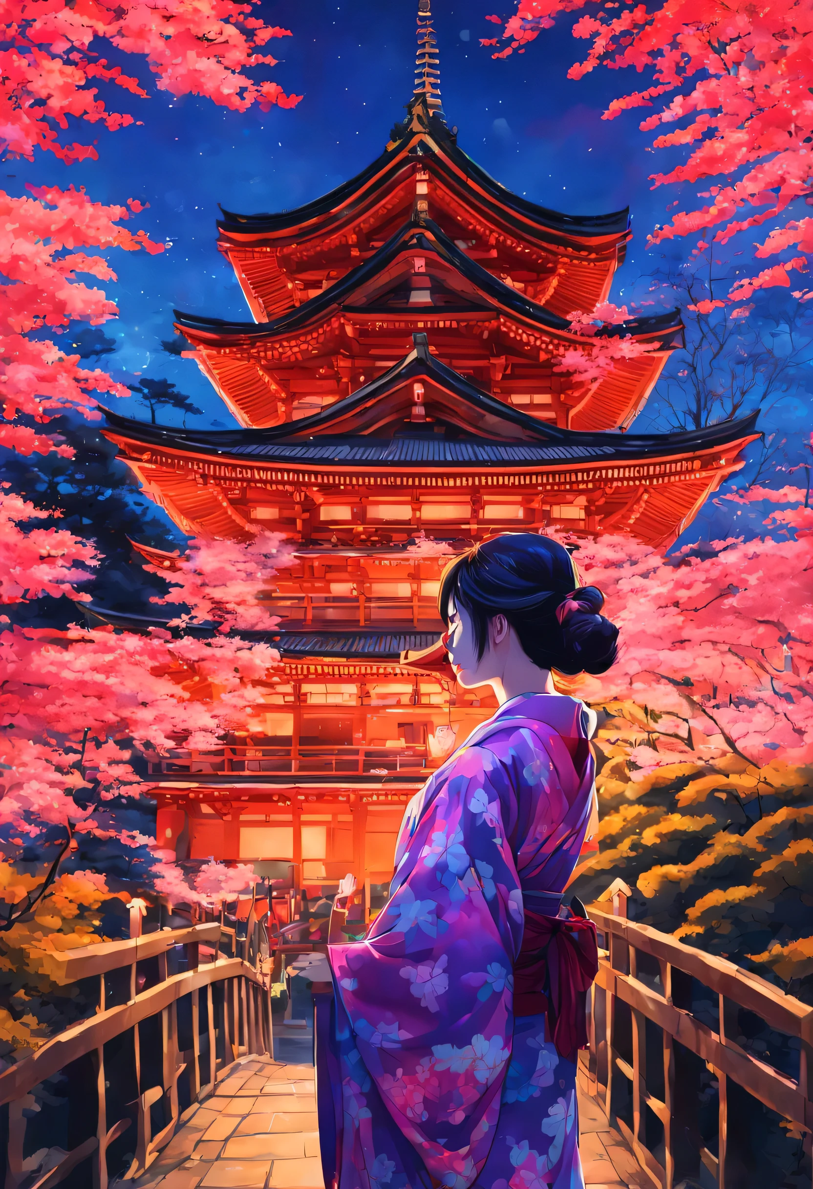 The aesthetics of Vaporwave,ネオンカラーで描くMaikoさん,Kyoto,Kiyomizu temple,Around Ninenzaka,Maiko,最高にかわいいMaikoさん,kimono,Kiyomizu temple周辺を歩いているMaikoさん,beautiful,rich colors,flash,とてもflash,Cast colorful spells,Draw in neon colors on a dark background,Fusion of good old Japanese scenery and modern art,Pop Illustration,poster,perfect composition,Design that expresses Japan,works of art