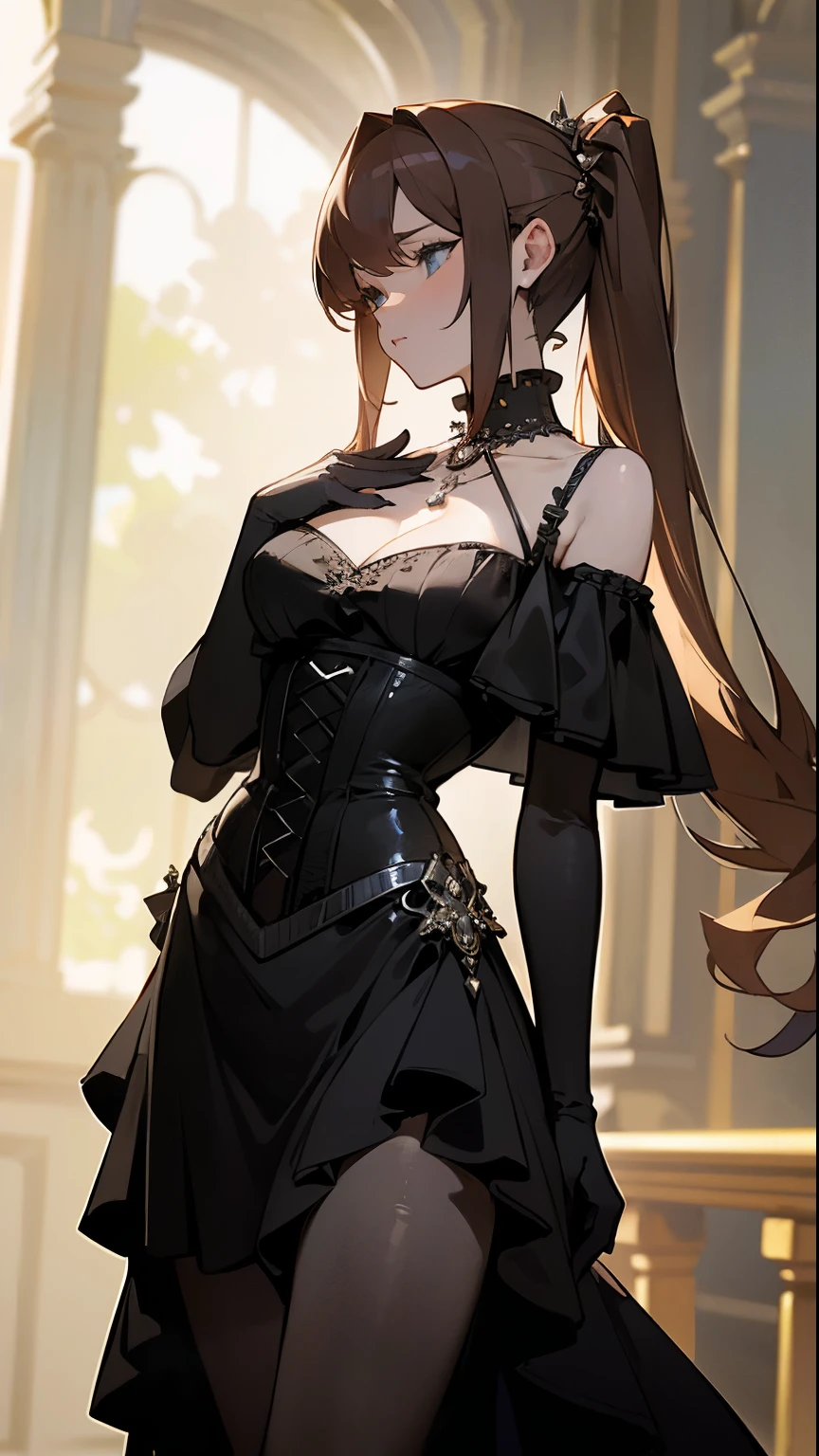 (masterpiece, Best quality:1.3),beautiful detailed glow,best to illuminate,(((Best quality,textile shading,ultra detailed))),extremely detailed CG unity 8k wallpaper,Highly detailed beautiful and aesthetic,best light,a high resolution,detailed,dynamic lighting , 1 character ,  pastel blurry colors , cellular shade , soft, Muted shades ,Delicate colors ,


She wears a tight dress, black off-shoulder corset, embellished with intricate lace details and silver eyelets, Corset cinches her waist., highlighting her hourglass figure, Floor length, gracefully flowing layered black tulle skirt, The skirt is decorated with silver sequins., silver necklace with spikes, several silver rings, and lots of black lace gloves, 


Stunning woman , very long hair , reddish-brown hair , hair in pigtails , Straight hair , baby blue eyes , Large chest , ((Wearing a tight dress)), age 34,