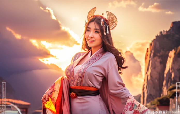 1_Indonesian_girl_face, solo, long_hair, japanese_clothes, black_hair, kimono, headdress, shawl, Very_ Large_breasts, hair_ornament, jewelry, very_long_hair, mountain, cloud, sky, downblouse, very_low_claveage_exposed_half_of_breasts, showing_half_Very_large_breast, (8k, Best Quality, Masterpiece:1.2), (Realistic, Photorealistic:1.37), Ultra Detail, 1 Girl,Cute,Solo,Beautiful Detailed Sky,Date,(Blush),(Smile:1.15),(Closed Mouth)Small Breasts,Beautiful Detailed Eyes,(Long Hair: 1.2),Floating Hair NovaFrogStyle, Upper Body