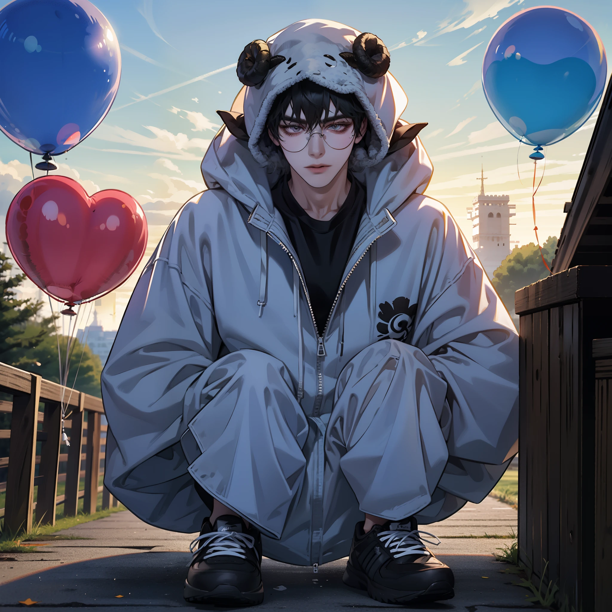 Best quality, masterpiec,ultra high res, furry, real shadow and light, 4K, a man wearing sheep hat, sheep hoodie, white shirt, black sneakers, balloon, at park, clear glasses,